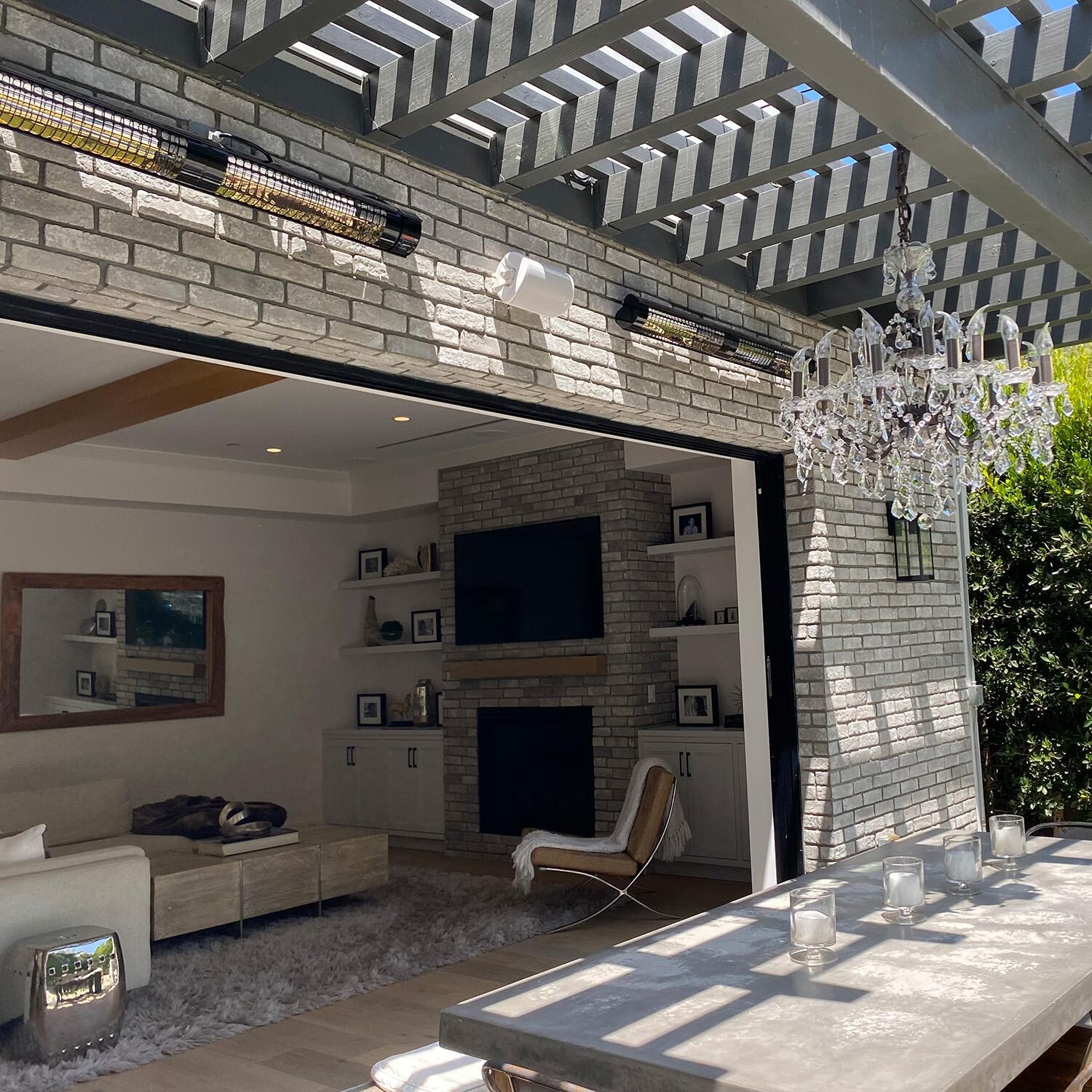 RADtec T6000/18R2 Torrid Series 77-in 6000W Electric Infrared Patio Heater - Dining Area, Turned Off - Lifestyle thumbnail