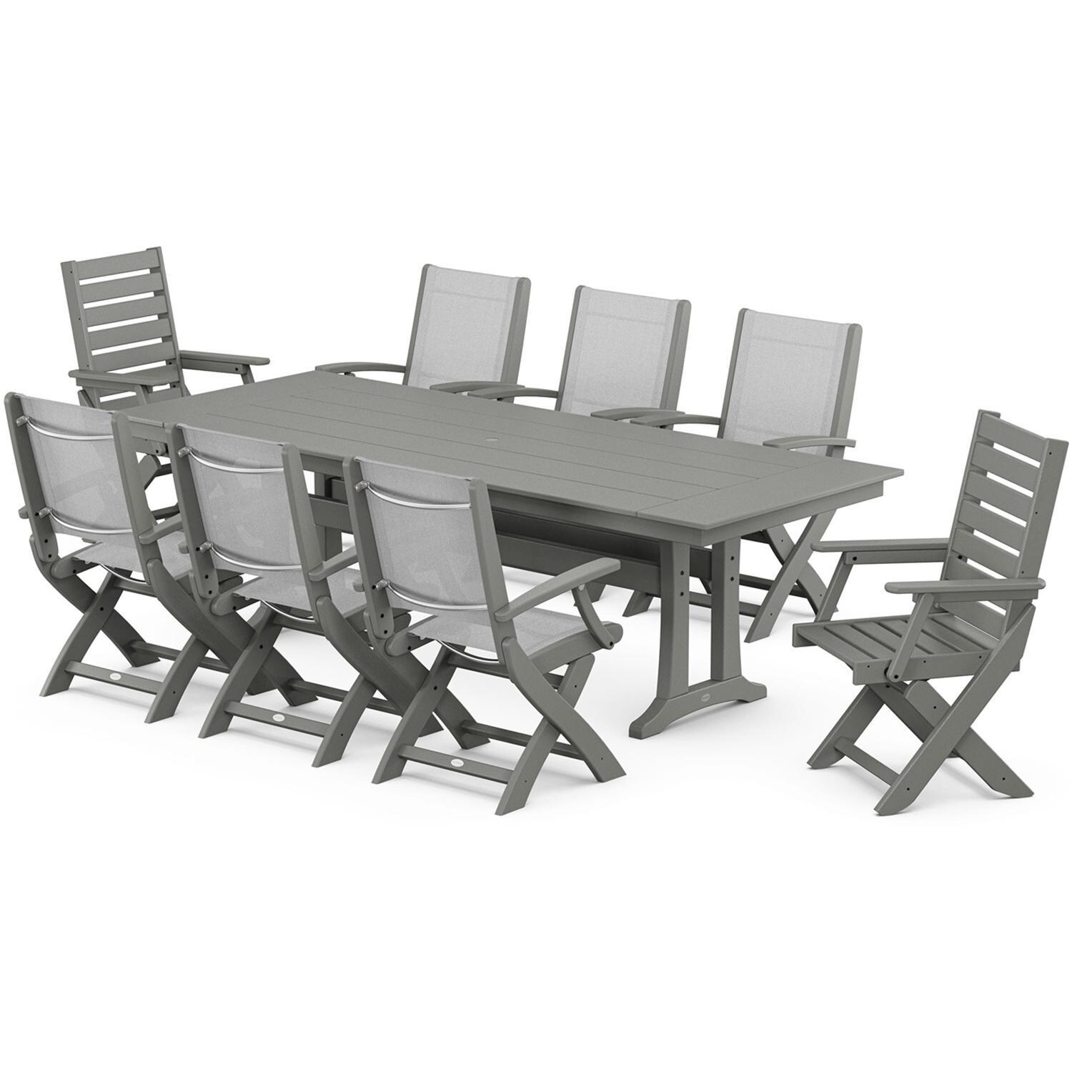 POLYWOOD PWS2534-1-GY901 Creekside Polywood 9-Piece Farmhouse Dining Set White Sling Chairs in Slate Grey - Set - White Background thumbnail