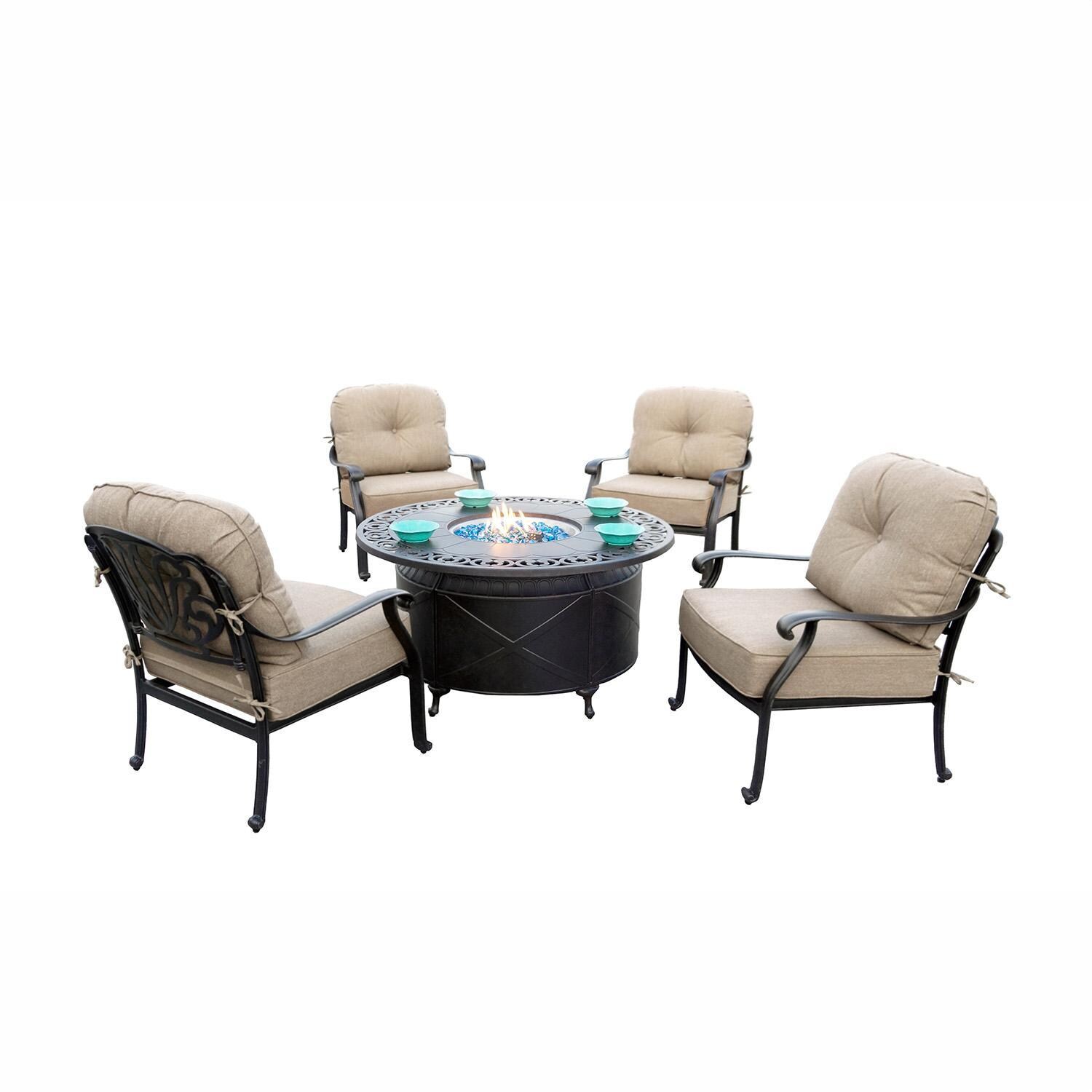 Elisabeth 5 Pc Cast Aluminum Fire Pit Seating Set w/ 47 Inch Table w/ Club Chairs & Throw Pillows in Antique Bronze/Beige Canvas by Darlee