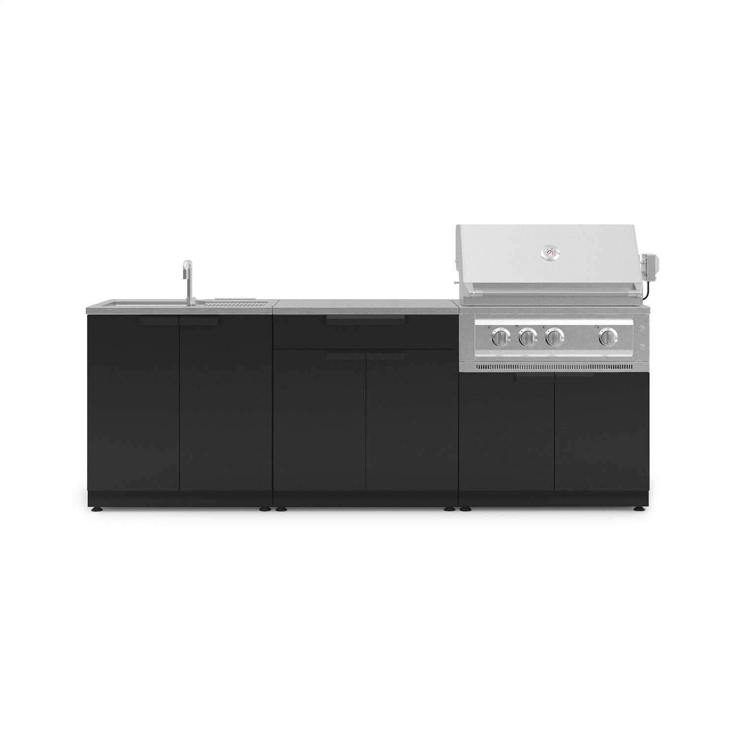 NewAge Products Classic Series 8 Ft Outdoor Kitchen Island w/ 33-in Natural Gas Grill, Sink, Trash Bin, Door & Drawer in Matte Black/Stainless Steel