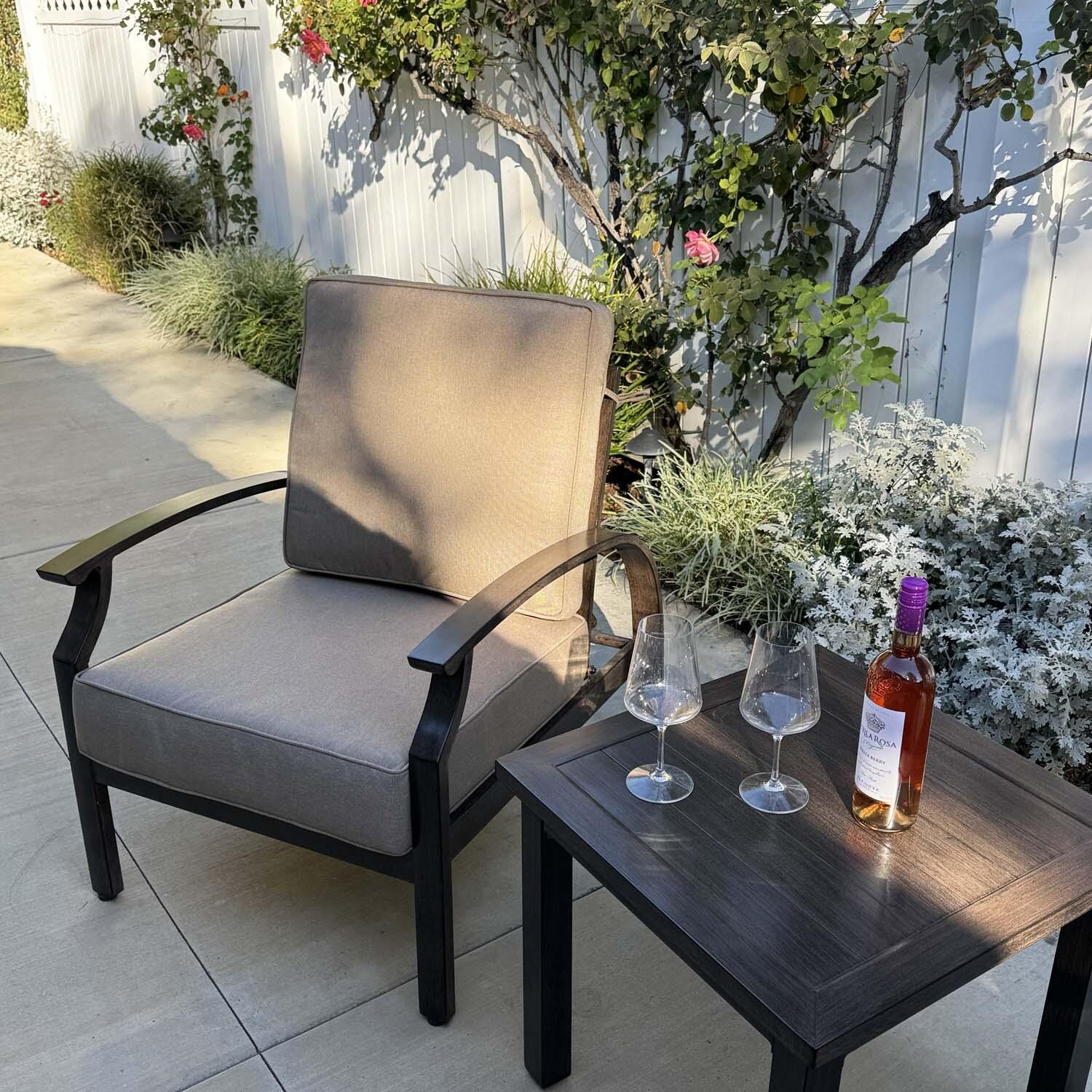 Atlantis 3 Pc Aluminum Seating Set in Walnut/Beige by Darlee - Close Up - Lifestyle thumbnail
