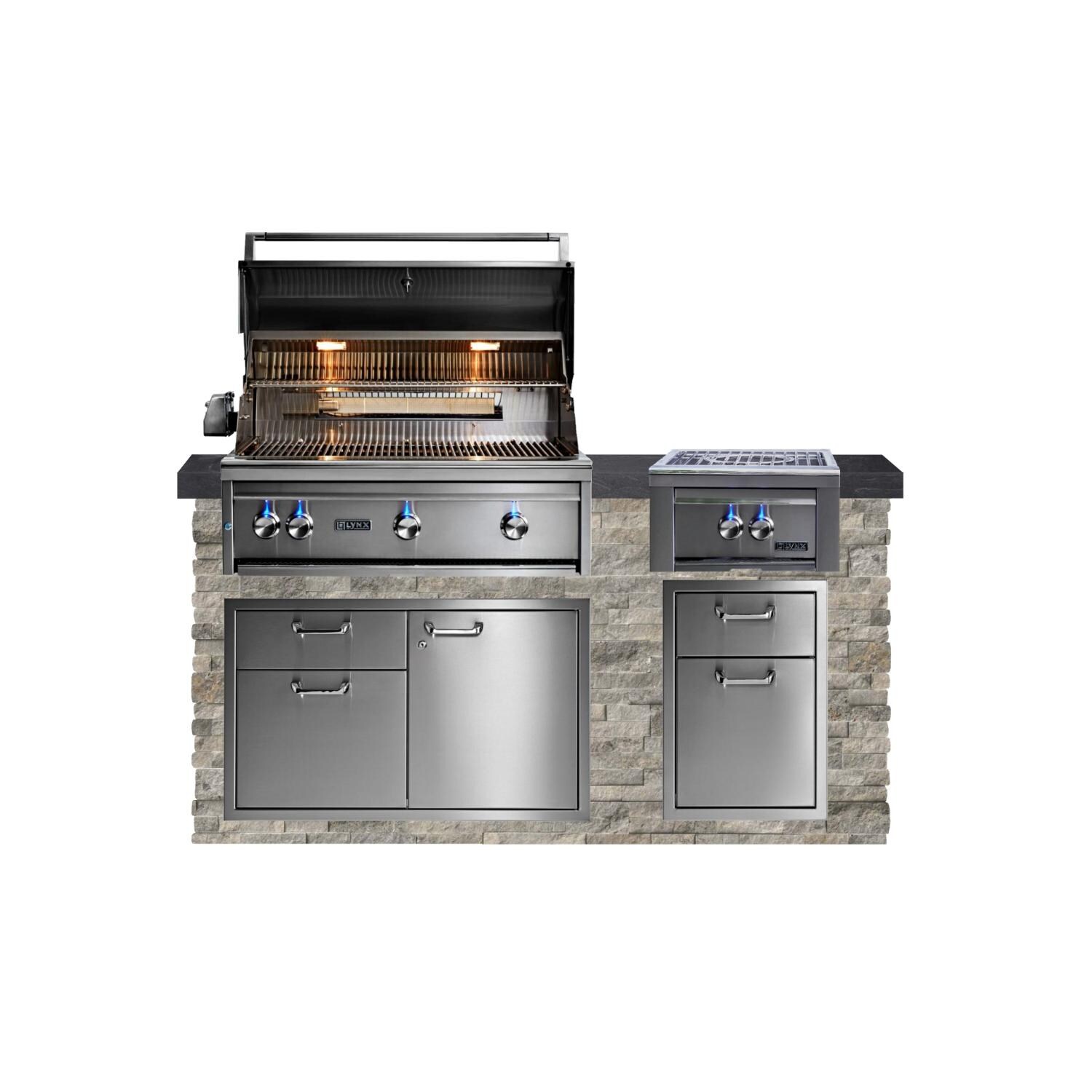 BBQGuys Signature 6ft Luxury Outdoor Kitchen w/ Lynx Professional 36-Inch Propane Grill & Power Burner - Silver Travertine Stone w/ Black Polished Granite