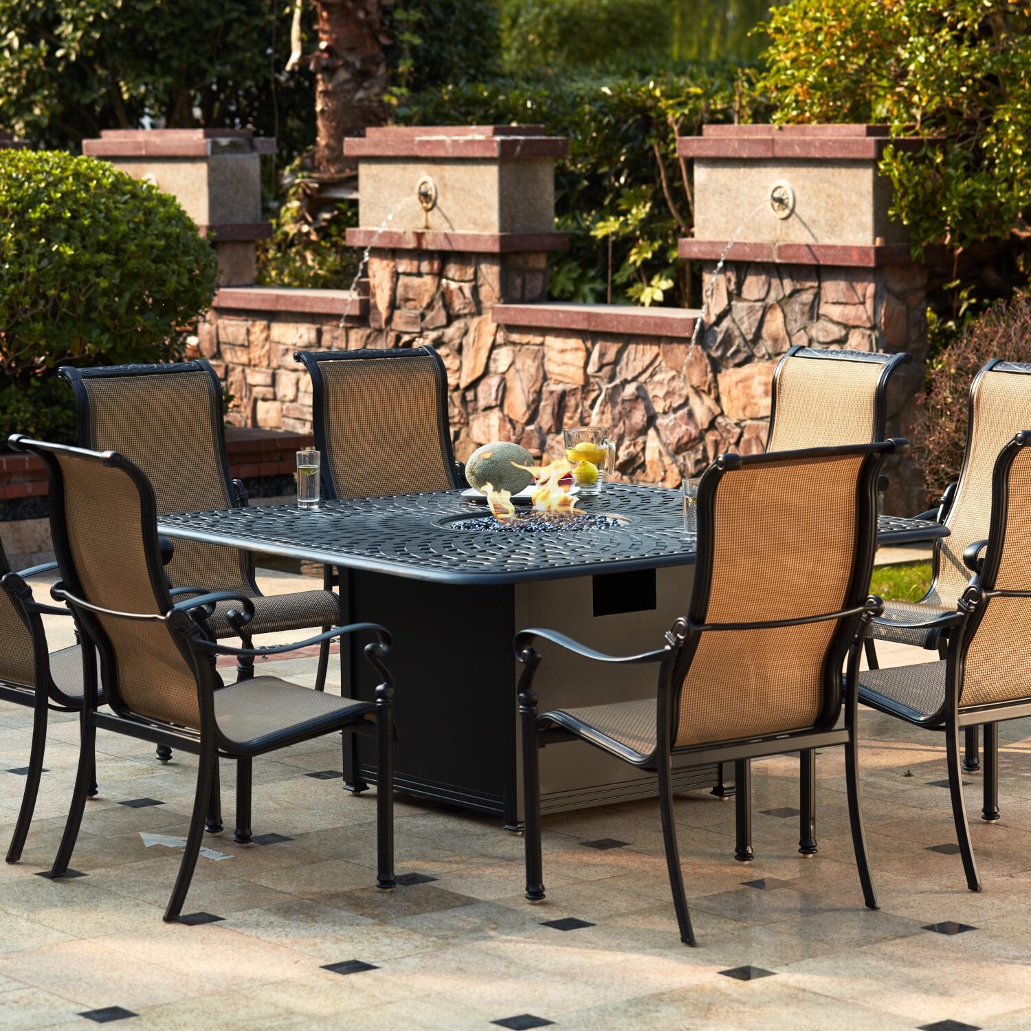 Darlee 301110-9PC-60GW Monterey 9 Piece Cast Aluminum Sling Patio Fire Pit Dining Set W/ 64 Inch Square Table thumbnail