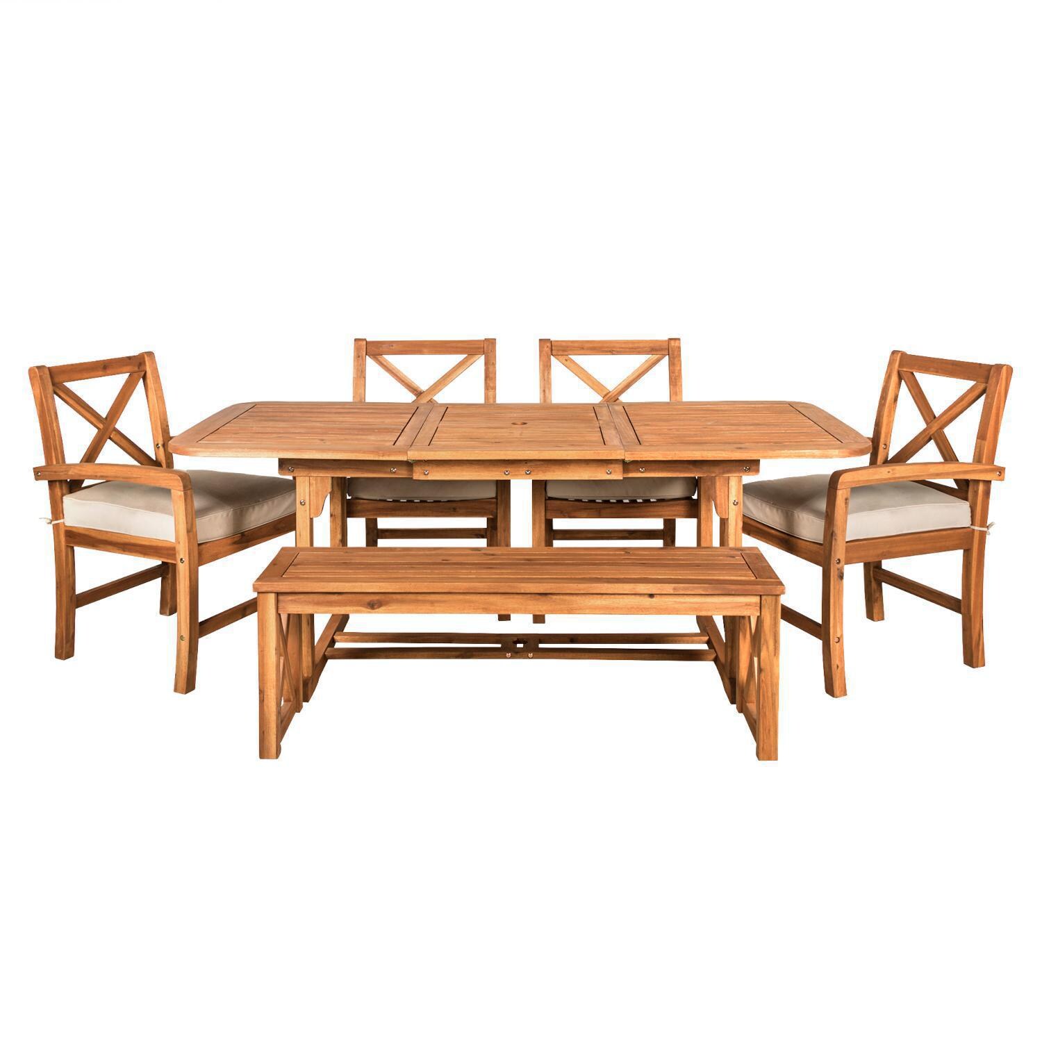 Ultimate Patio 6 Piece Acacia Patio Dining Set W/ 55-79 X 35 Inch Extension Rectangular Table - Brown - Front View thumbnail