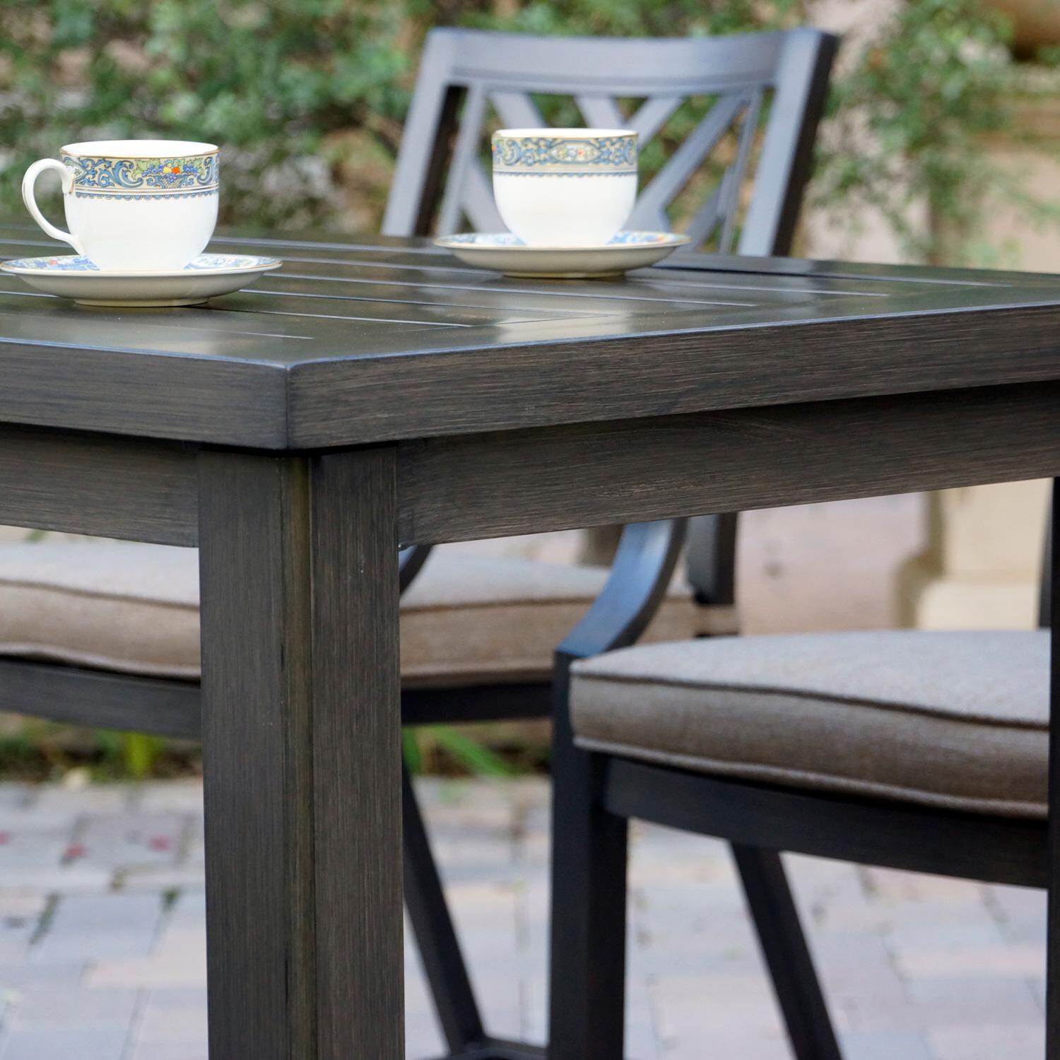 Darlee Brooklyn 58 X 28-Inch Cast Aluminum Patio Rectangular Counter Height Serving Table - In Use Close-Up