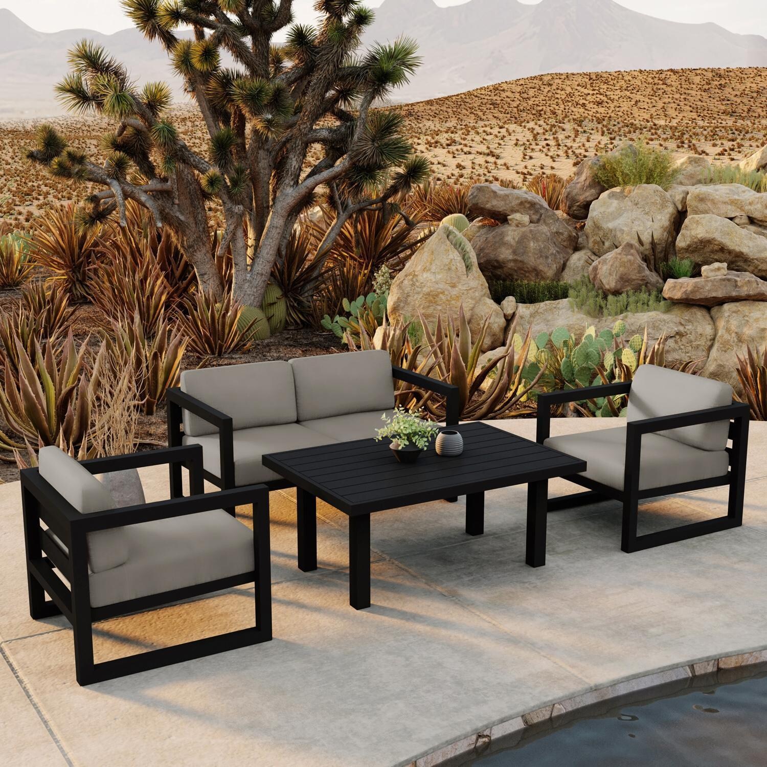 Lakeview MSTYCV-BK-SET114-CC Misty Cove 4 Pc Aluminum Seating Set in Black w/Chat Table & Canvas Charcoal Cushions by Lakeview Outdoor Designs - By the Pool - Lifestyle thumbnail