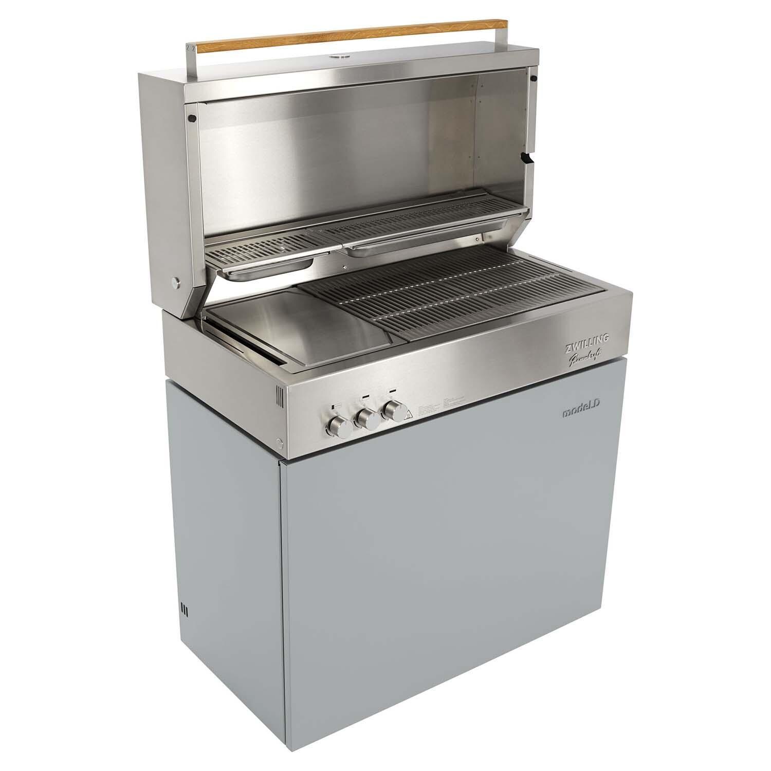Flammkraft 1029485 Model D Propane Gas Grill - Light Grey - Shown w/ Teppanyaki Plate (Sold Separately) - White Background thumbnail