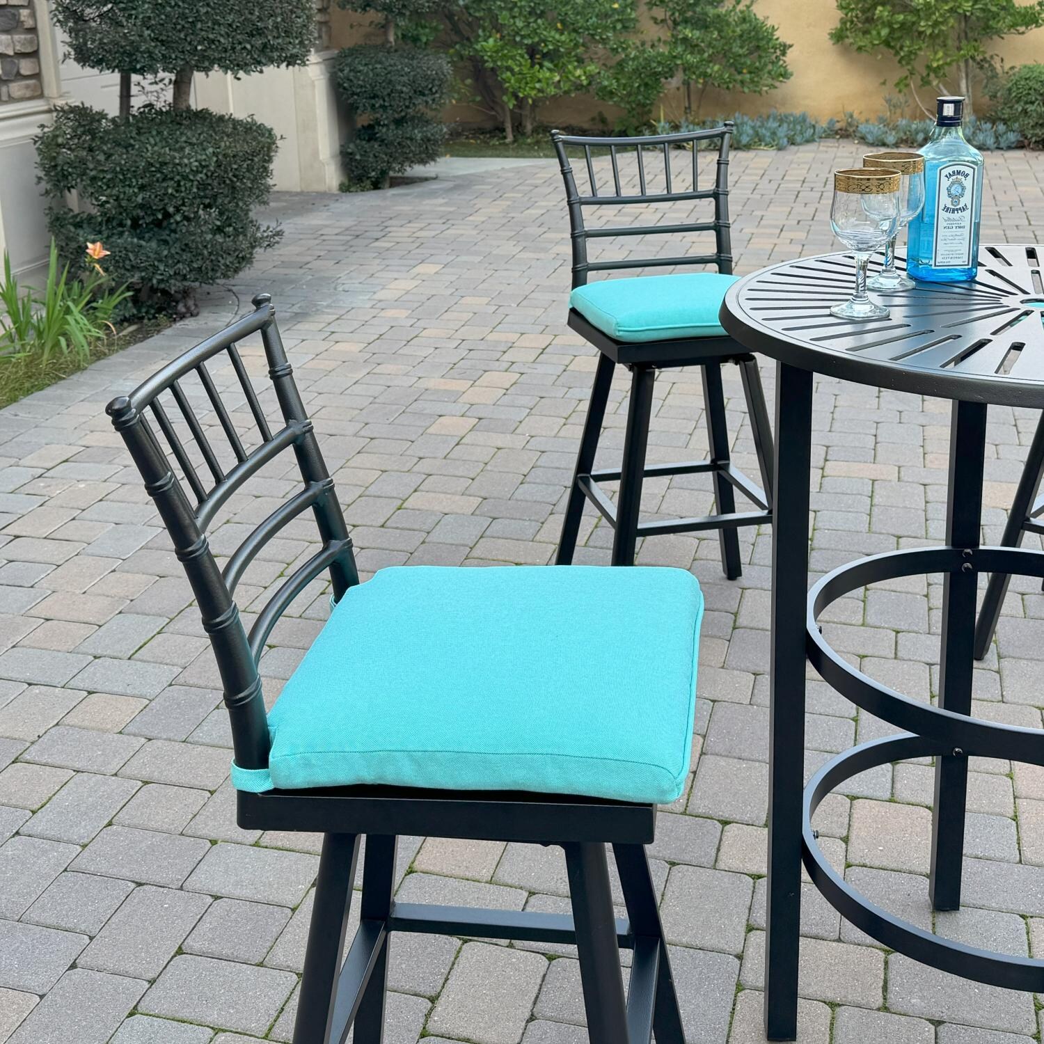 Bella Aluminum 3 Pc Patio Bar Set w/ 30-in Round Bar Table in Blue by Darlee - Bar Stools w/ Bar Set - Side View - Lifestyle thumbnail