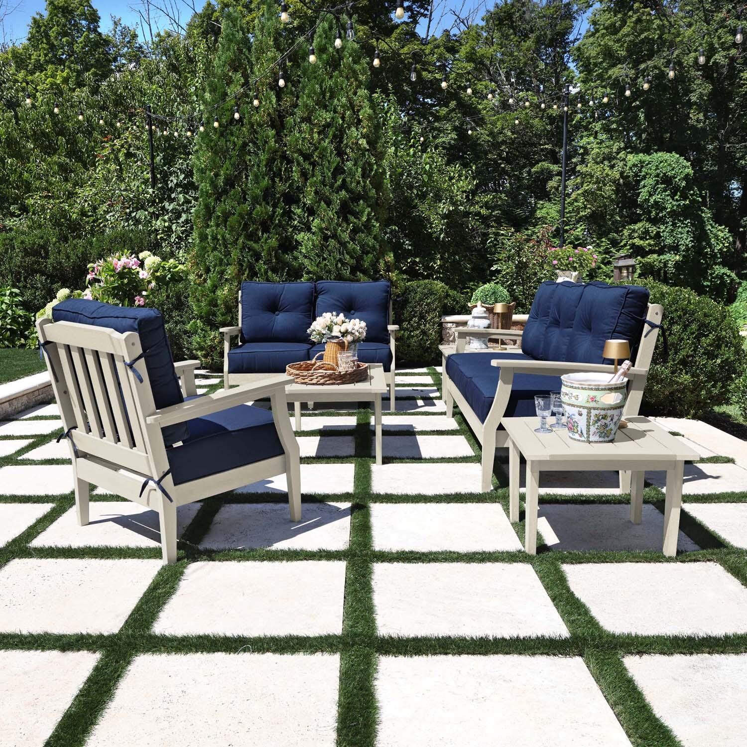 Blushing Bay 6 Pc Recycled Plastic Grand Seating Set in Spectrum Indigo/Whitewash by Lakeview Outdoor Designs - Side View - Lifestyle thumbnail