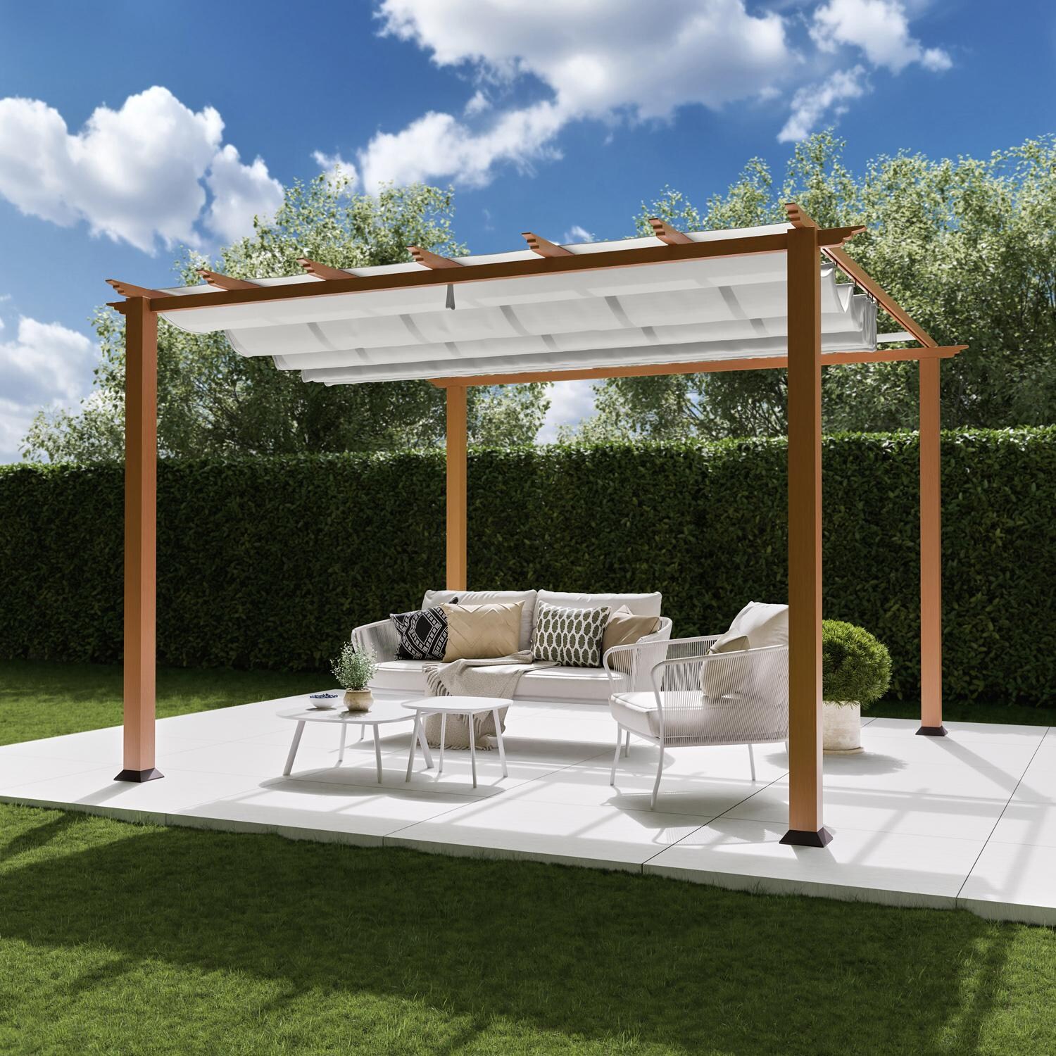 Paragon Outdoor PR11WD1W Florence 11' x 11' Cedar Pergola w/ White Canopy - On Patio - Lifestyle thumbnail