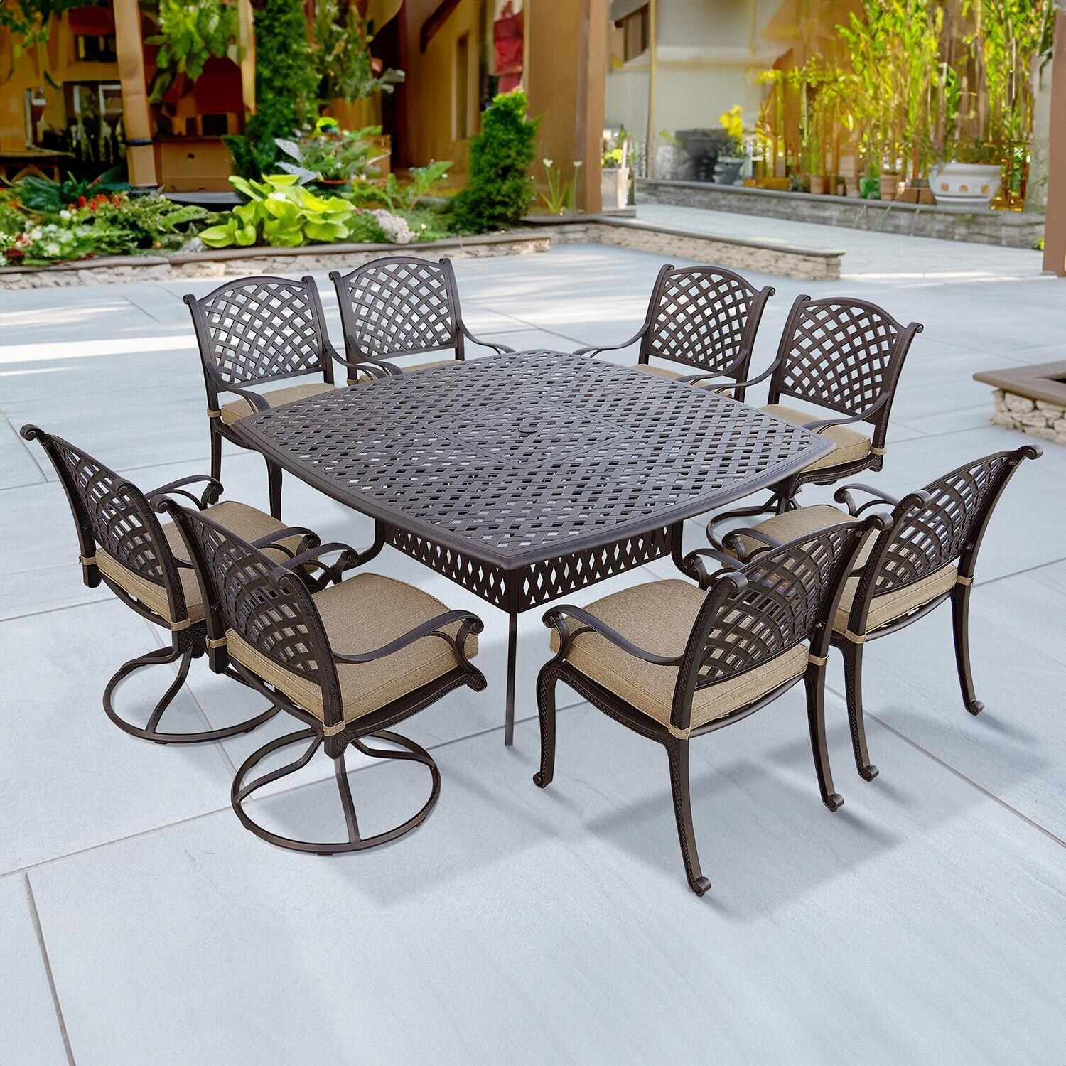 Darlee Nassau 9-Piece Patio Dining Set (with Swivel Rockers) with Sesame Cushions and 64 Inch Square Dining Table - Set - Lifestyle thumbnail