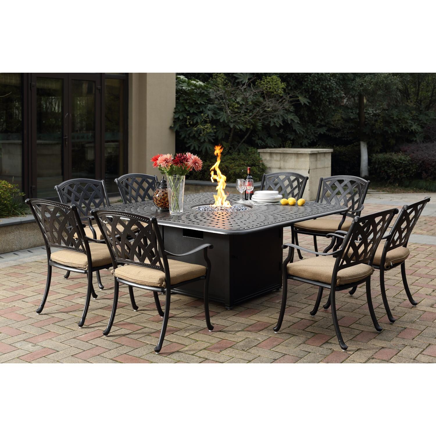 Darlee 201630-9PC-60GW Ocean View 9 Piece Cast Aluminum Patio Fire Pit Dining Set W/ 64 Inch Square Table & Sesame Cushions - Lifestyle thumbnail