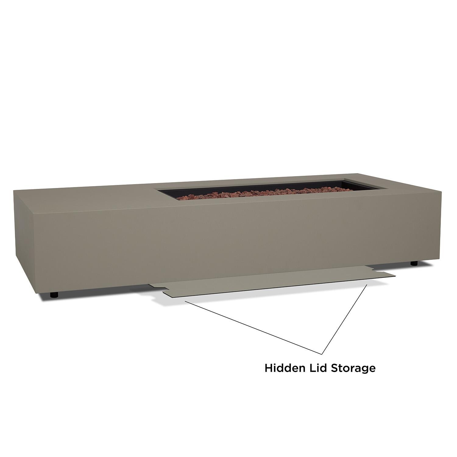 Elysian 75-in Rectangular Steel Propane Fire Pit Table in Mist Gray by Lakeview - Lid Storage - White Background thumbnail