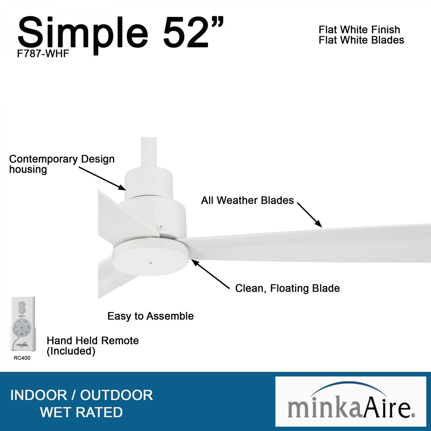 Minka-Aire F787-WHF Simple 52-Inch 3-Blade Ceiling Fan in Flat White Finish w/ Flat White Blades - Details thumbnail