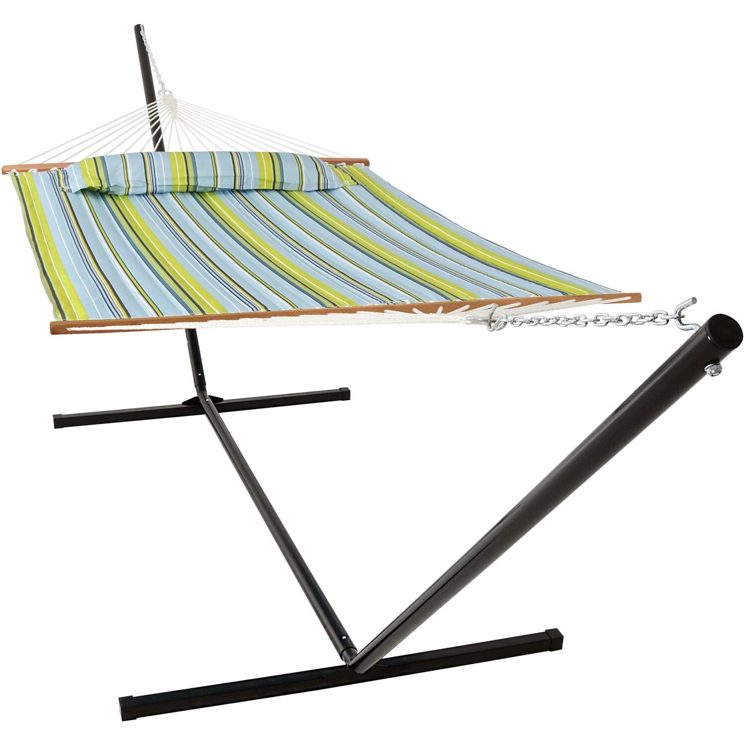 Sunnydaze Decor Quilted Double Hammock w/ Heavy-Duty Stand & Pillow - Blue/Green Stripe - LY-BGHFWP-COMBO15