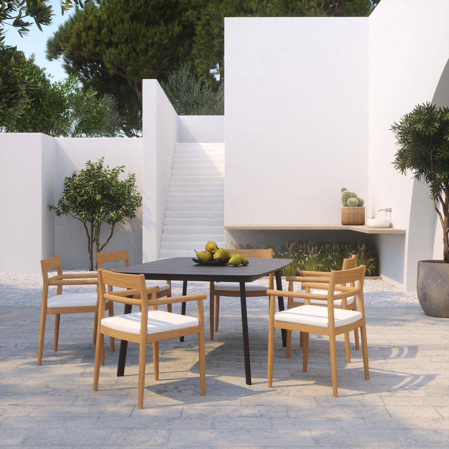 Lido 7 Pc Teak Dining Set W/ 63 Inch Rectangular Table in Carbon/Bliss Linen By Oxford Garden