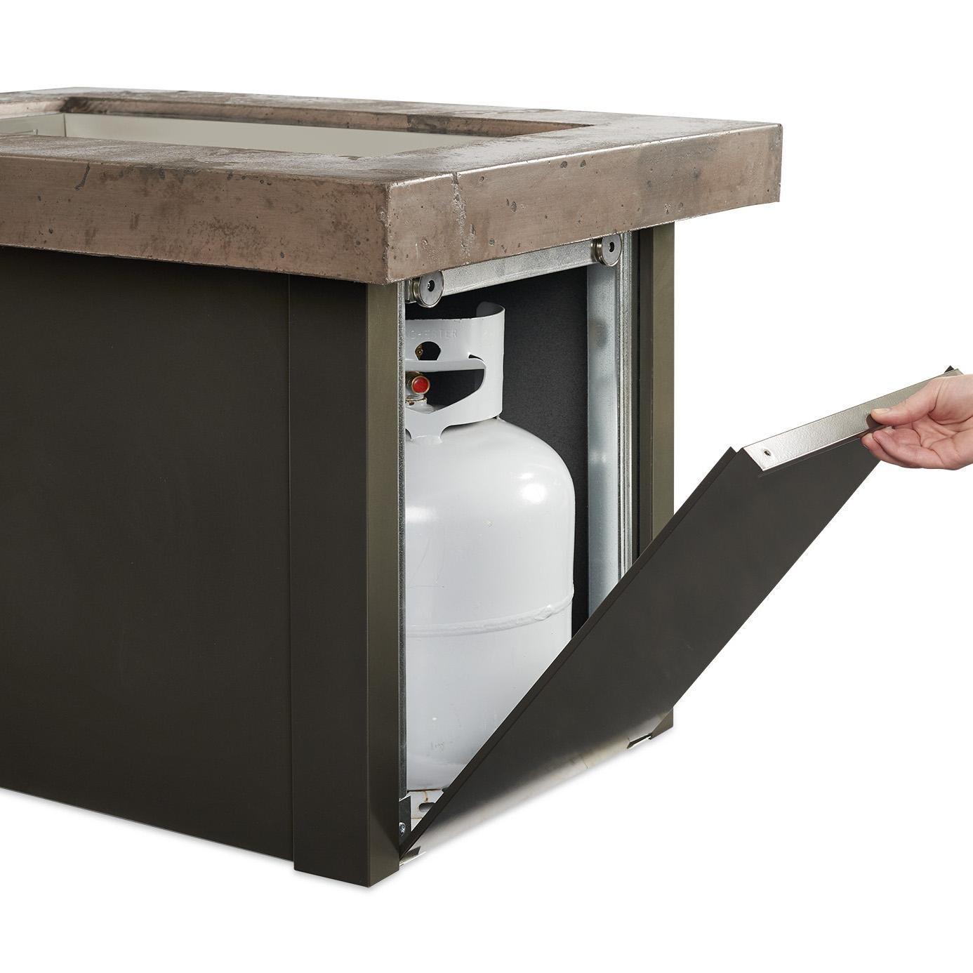 The Outdoor GreatRoom Company Providence Rectangular Gas Fire Pit Table - Brown - Access door provides convenient storage for propane tanks thumbnail