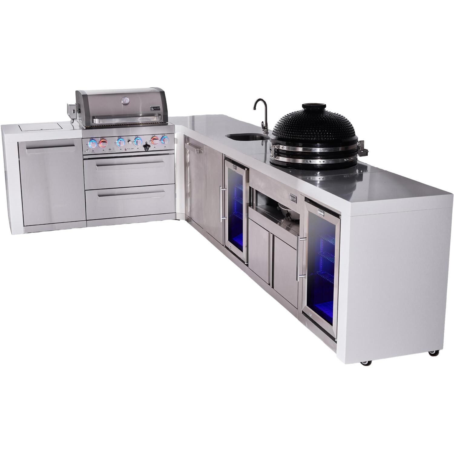 Mont Alpi Deluxe Series 13 1/2 Ft L-Shaped Natural Gas Outdoor Kitchen Island w/ 32-in Grill, Side Burner, Beverage Center, Kegerator, Kamado Module & Triple Drawer (Ships Propane w/ Conversion Kit) - Angled Right - White Background thumbnail