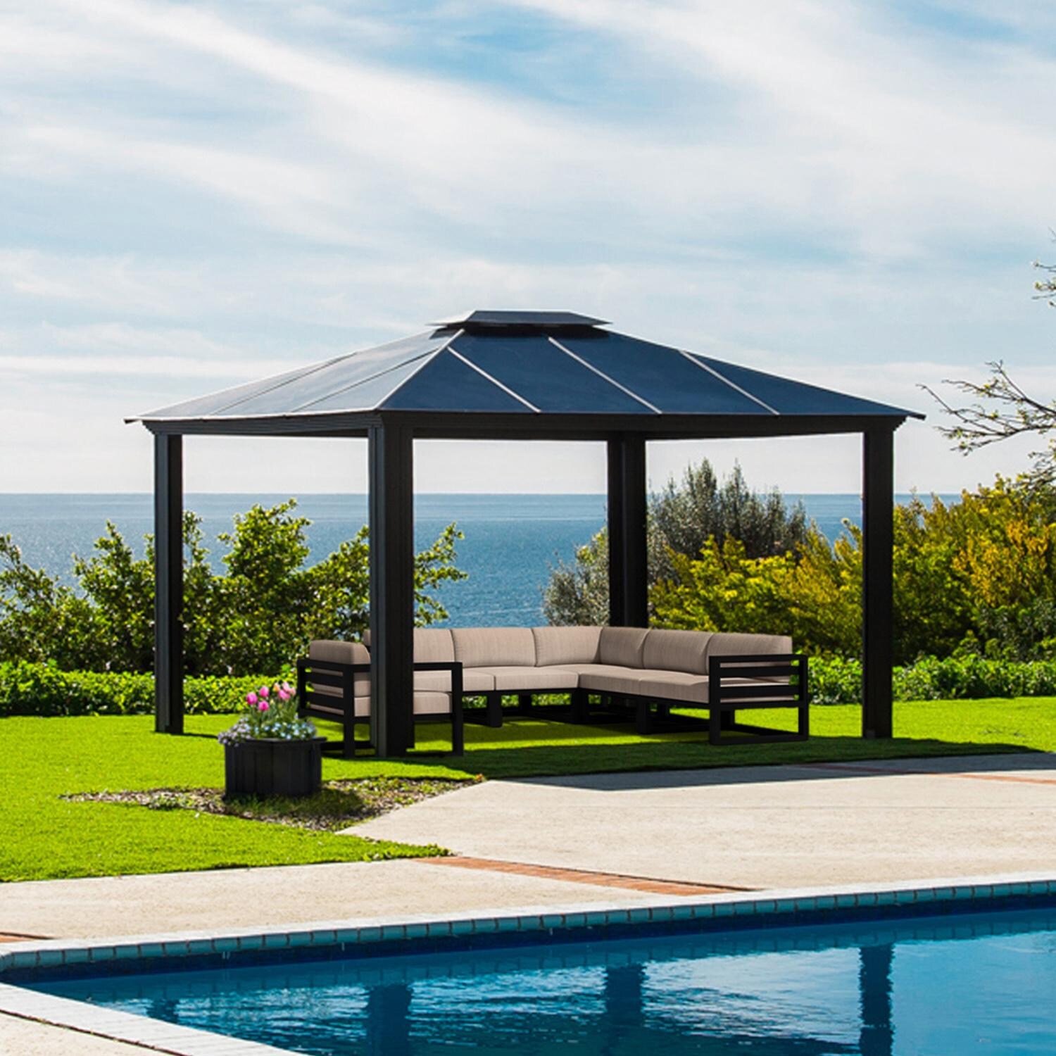 Paragon Outdoor GZH3-1212BKA Santa Monica 12' x 12' Aluminum Hard Top Gazebo - In Yard by the Pool - Lifestyle thumbnail