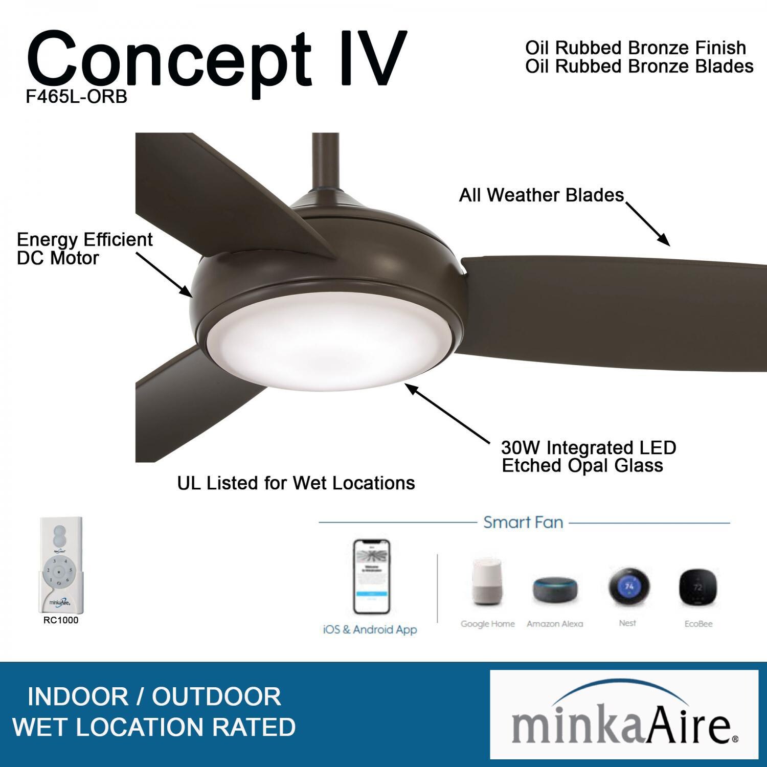 Minka-Aire F465L-ORB Concept IV 54-Inch 3-Blade LED Smart Ceiling Fan in Oil Rubbed Bronze Finish w/ Oil Rubbed Bronze Blades & Etched Opal Glass - Details thumbnail