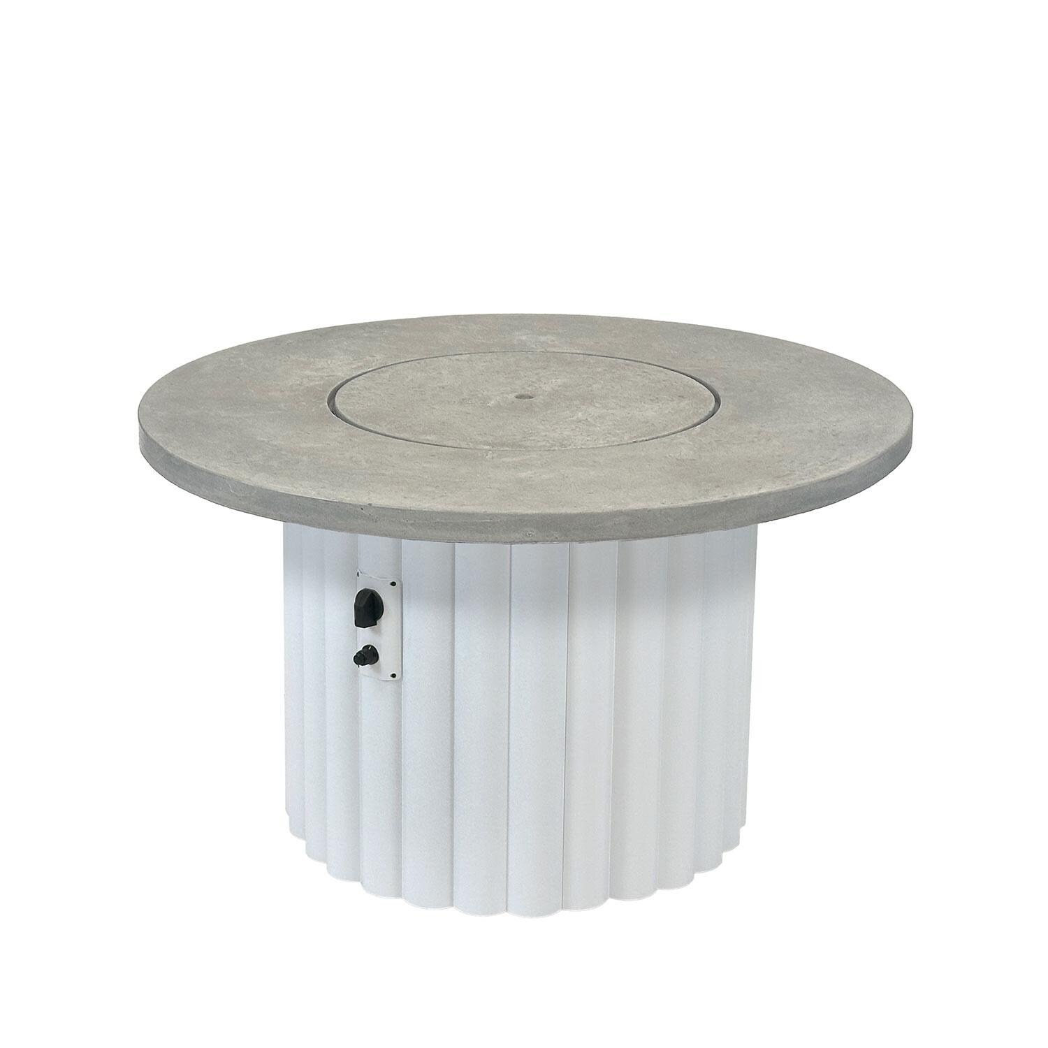 Reverie REVRWH-42-K 42-in Round Gas Aluminum Fire Pit Table w/ Relic Grey Supercast Top & White Base - Cover On - White Background thumbnail
