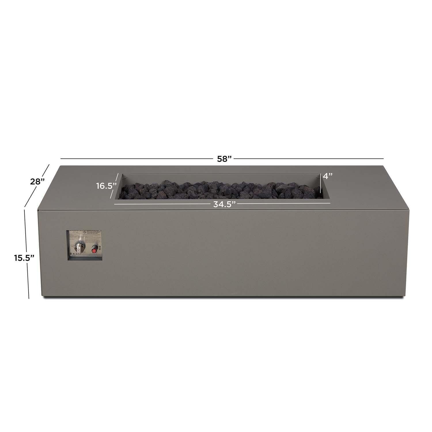 Covewood 58 Inch Rectangular Aluminum Propane Fire Pit Table w/ Hidden Propane Tank in Cloud Gray by BBQGuys Signature - Dimensional thumbnail