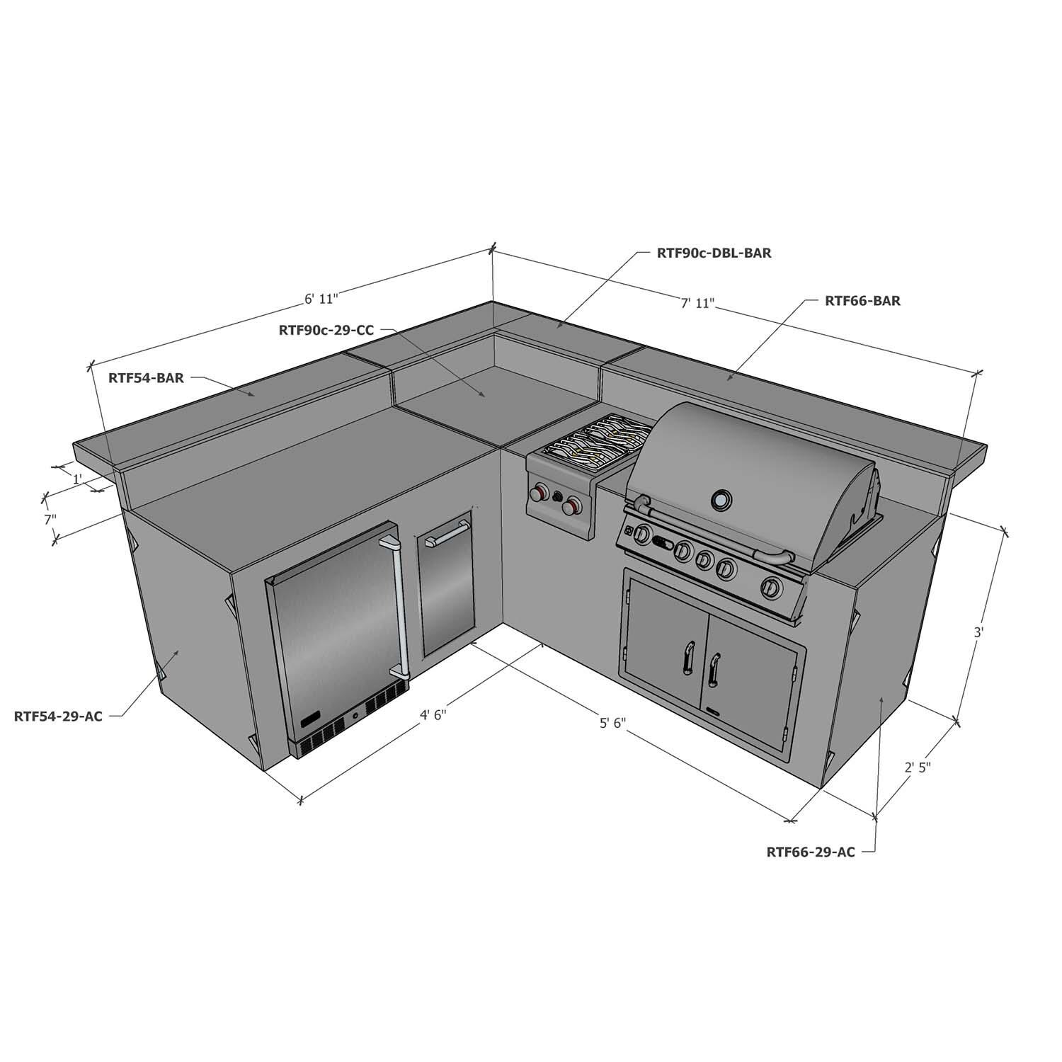 Universal 7 ft X 8 ft Ready To Finish L-Shaped Outdoor Kitchen System Appliance and Storage Cabinets W/Bars On Both Sides - W/Appliances - Dimensional thumbnail