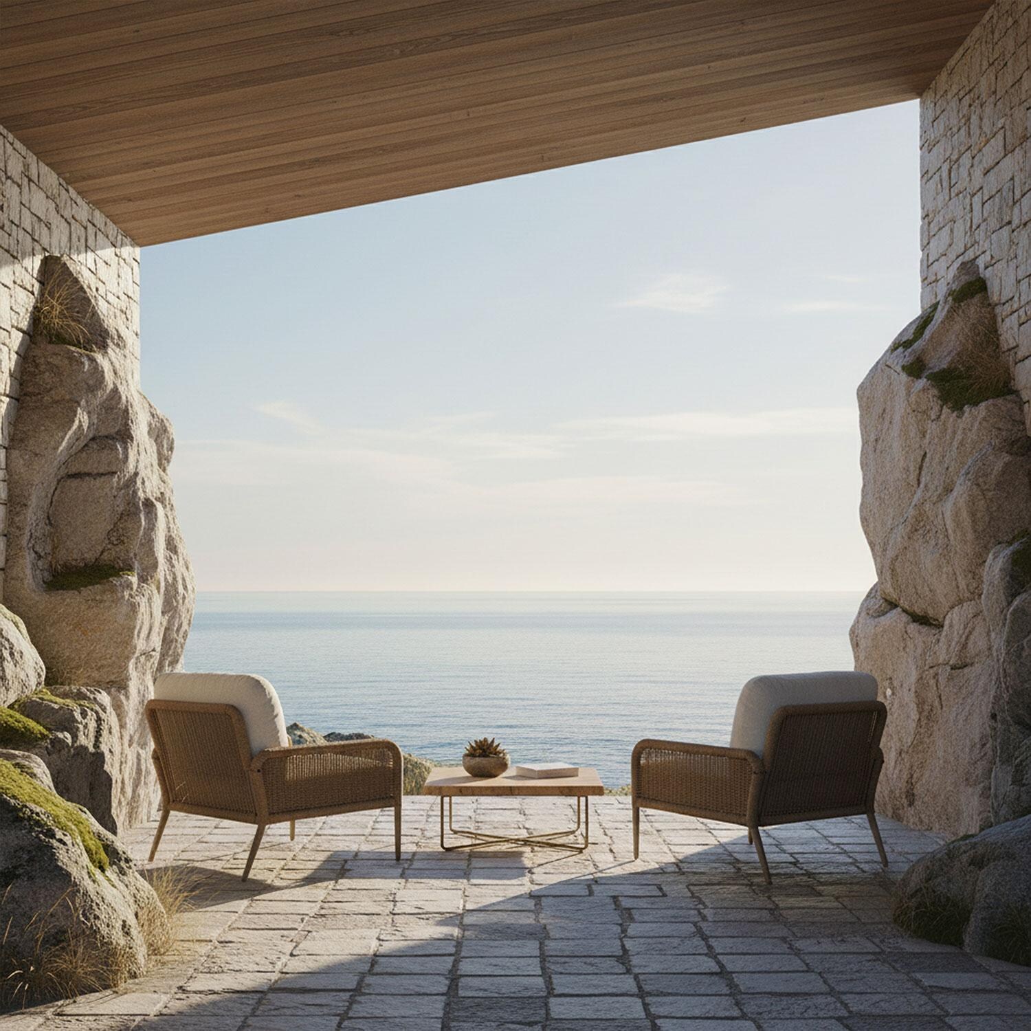 Rustic View Wicker Outdoor Club Chair in Natural W/ Sunbrella Cushions by Lakeview Outdoor Designs - As a Set (Only One Included) - Rear View - Lifestyle thumbnail