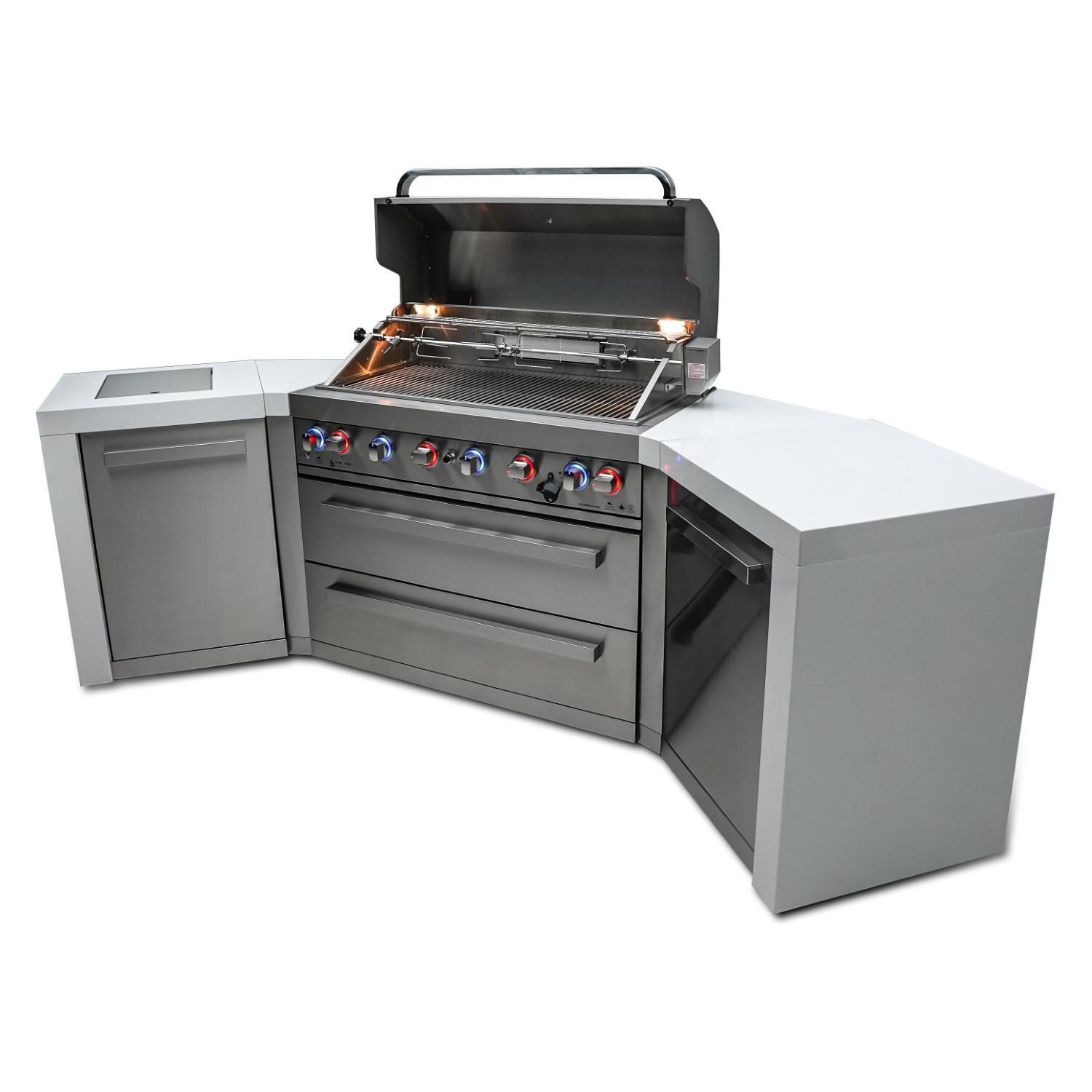 Mont Alpi - MAi805-D45 - Deluxe 45 Degree Propane Gas Island Grill W/ Infrared Side Burner & Rotisserie Kit - Open With Burners On Angled Right - White Background thumbnail