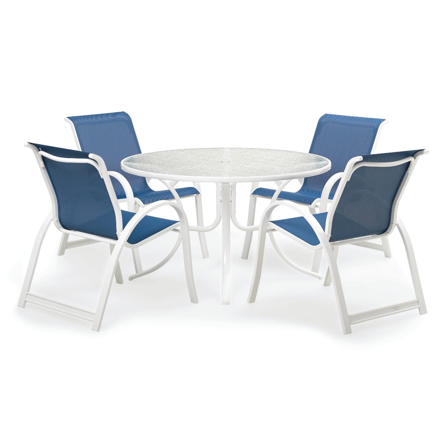 Aruba II 5 Piece Aluminum Patio Dining Set With 48-Inch Round Table & Stacking Chairs thumbnail
