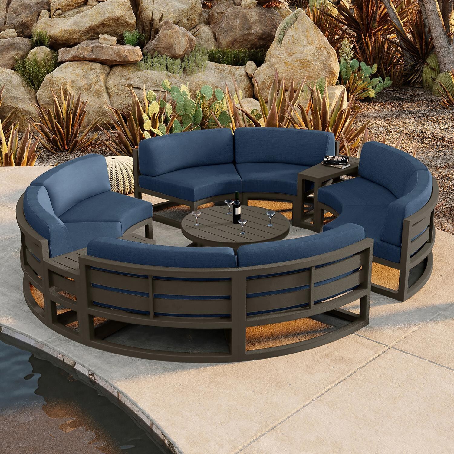 Misty Cove 7 Piece Curve Sectional Set in Slate w/Coffee Table & Spectrum Indigo Cushions by Lakeview - By the Water - Lifestyle thumbnail