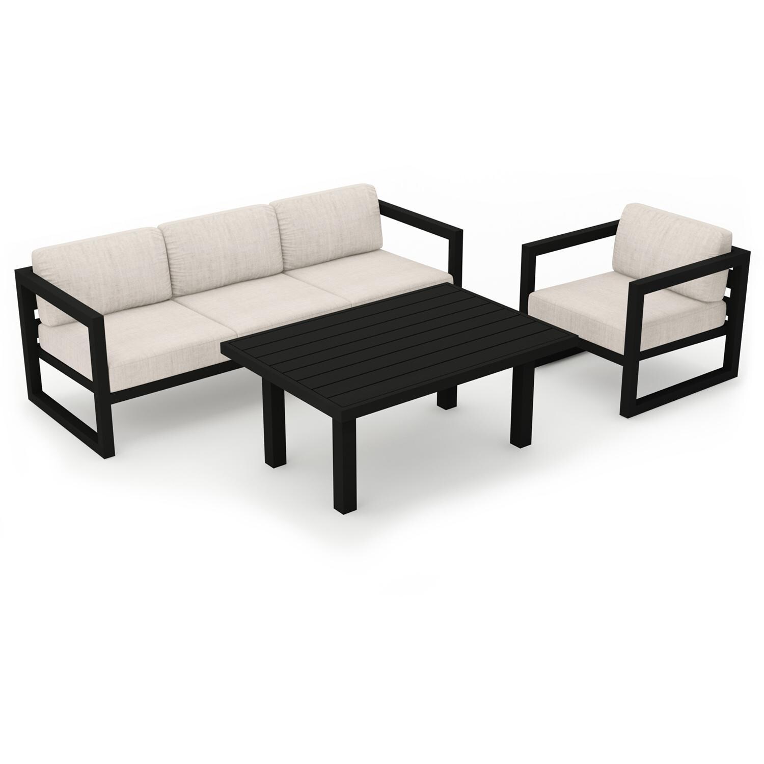 Lakeview MSTYCV-BK-SET138-CS Misty Cove 3 Pc Aluminum Seating Set in Black w/Chat Table & Cast Silver Cushions by Lakeview Outdoor Designs - Set Angled View - White Background thumbnail