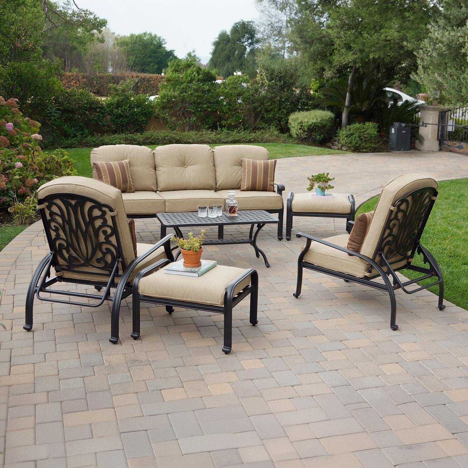 Darlee Elisabeth 6 Pc Cast Aluminum Seating Set w/ 42 X 21 Inch Table & Throw Pillows in Antique Bronze/Beige - Set - Lifestyle thumbnail