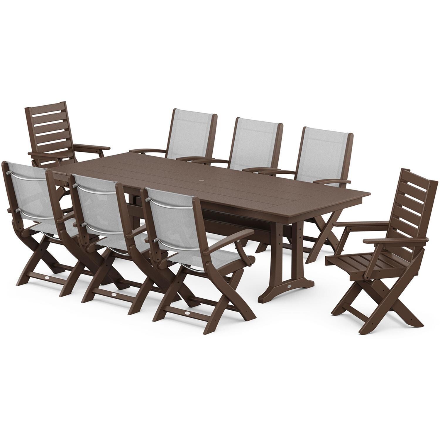 POLYWOOD x BBQGuys Creekside 9 Pc Recycled Plastic Dining Set W/ White Sling in Mahogany