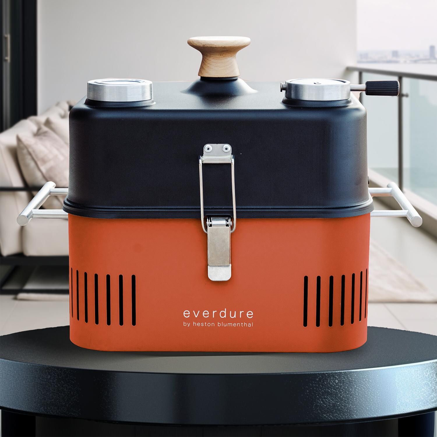 Everdure CUBE 17 Inch Portable Charcoal Grill, Orange w/ Roasting Hood