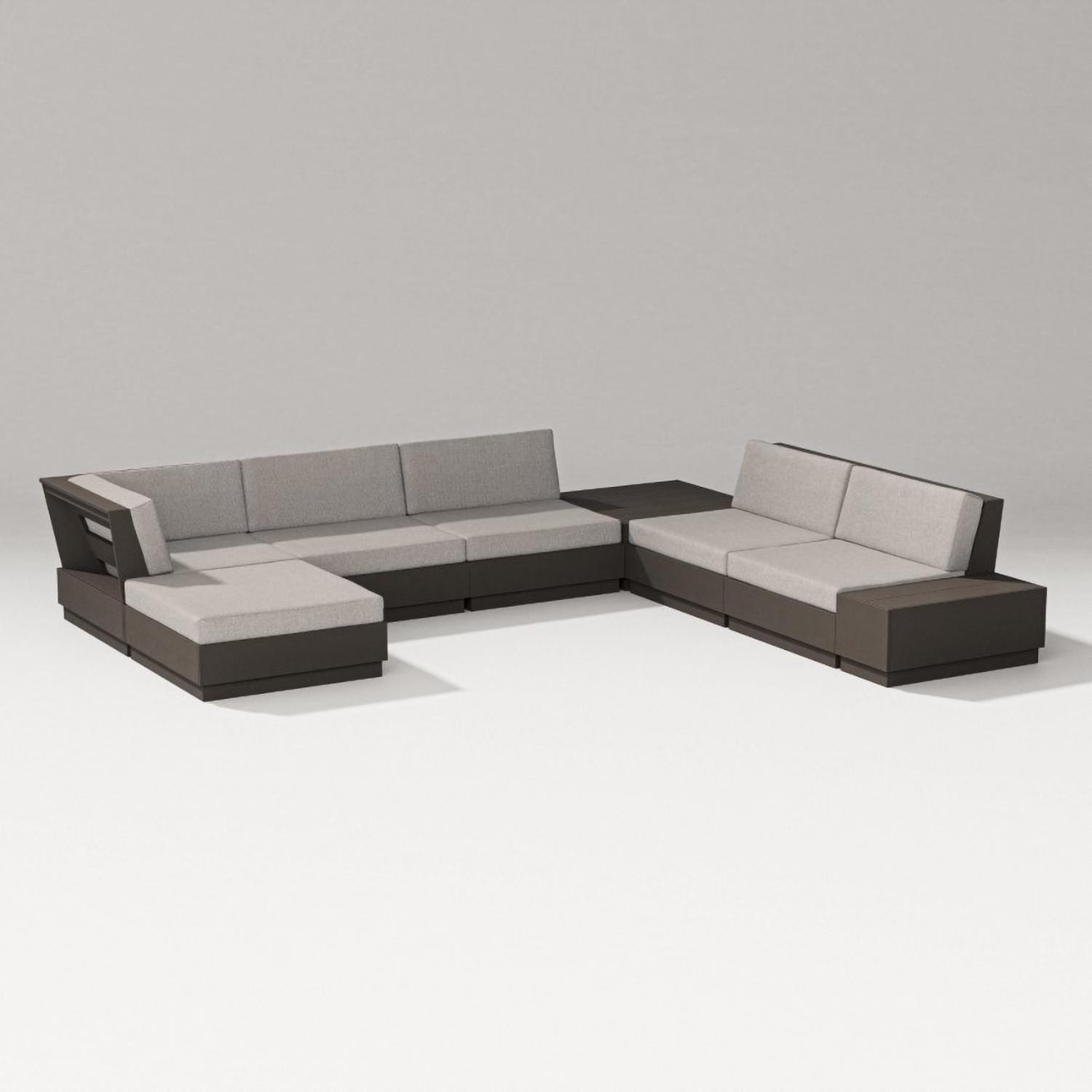 Elevate 8 Pc Recycled Plastic Sectional Seating Set in Vintage Coffee/Weathered Tweed By PW Designer Series