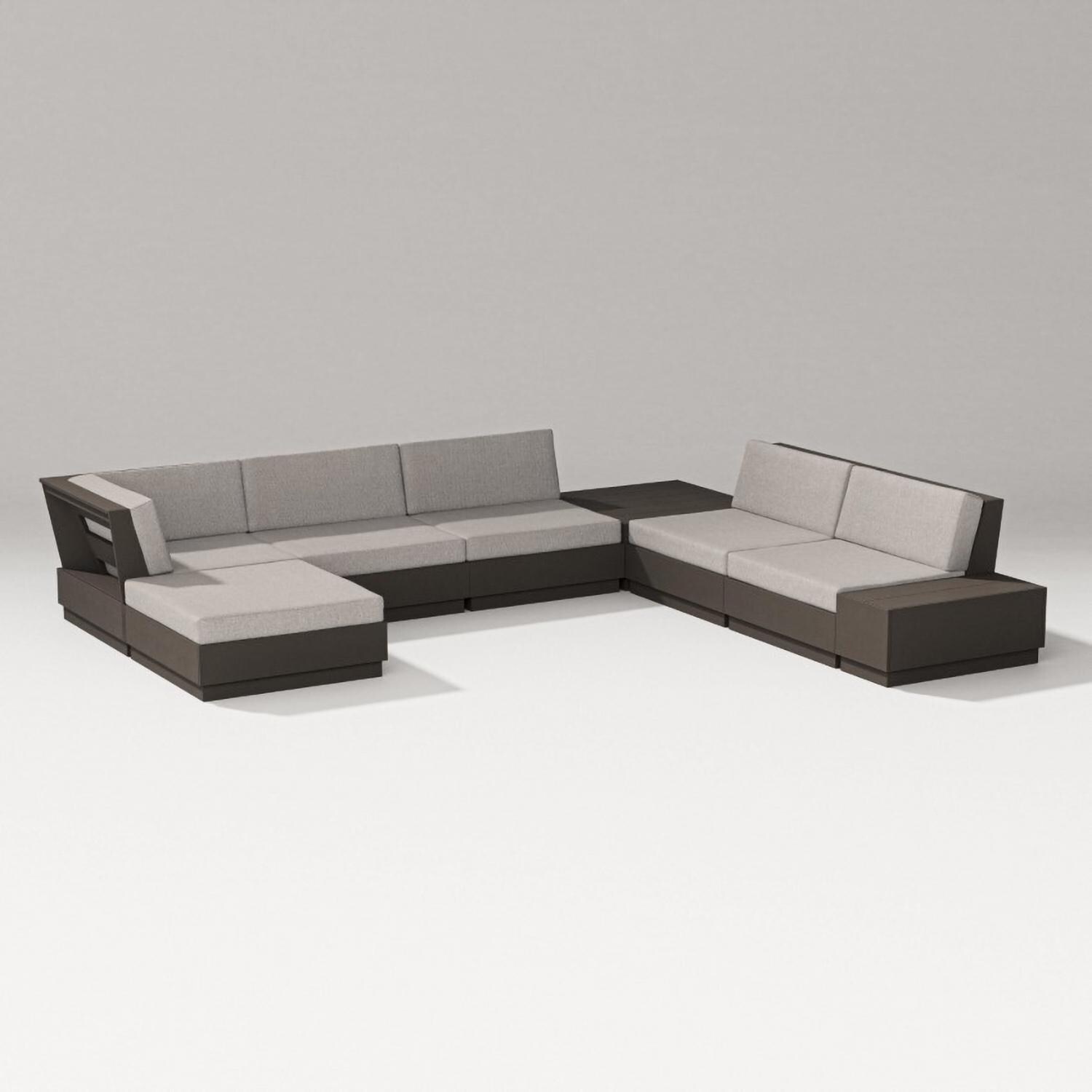 Elevate 8 Pc Recycled Plastic Sectional Seating Set in Vintage Coffee/Weathered Tweed By PW Designer Series - Set - White Background thumbnail