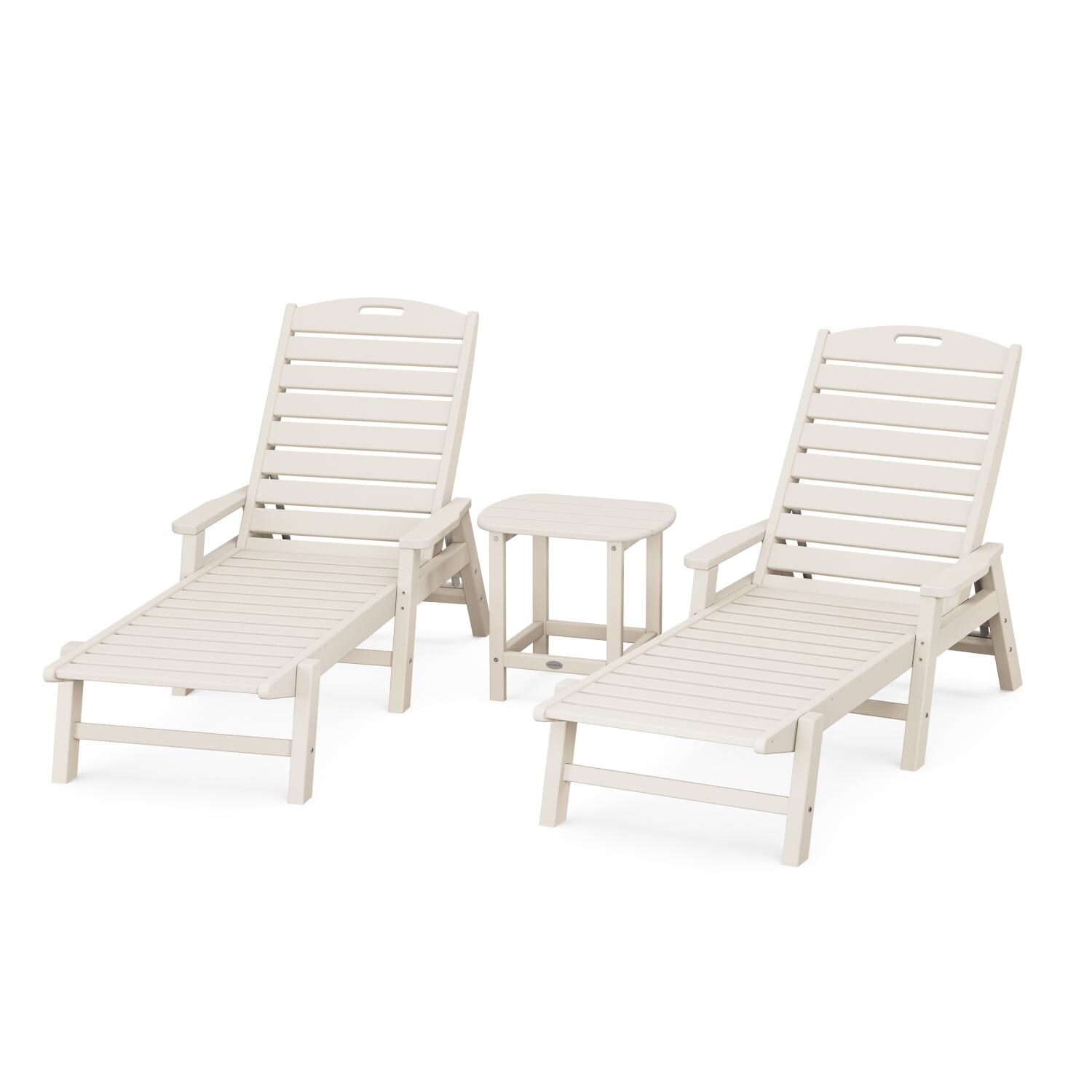 POLYWOOD Nautical 3-Piece Chaise Lounge W/Arms Set W/South Beach 18 Inch Side Table - Sand thumbnail