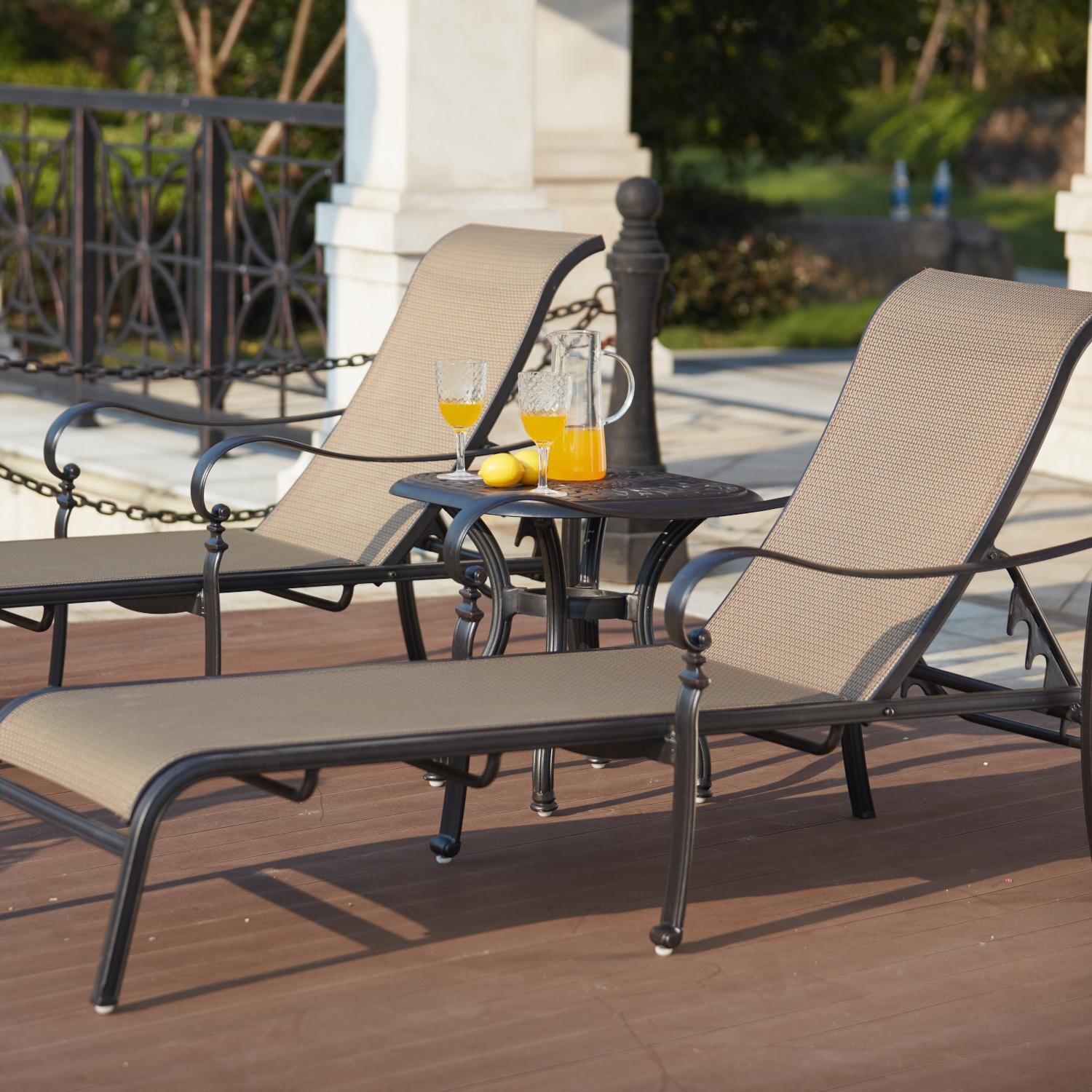 Mountain View 3 Pc Cast Aluminum Chaise Lounge Set w/ 21 Inch Round Table & in Antique Bronze/Irish Mix by Darlee