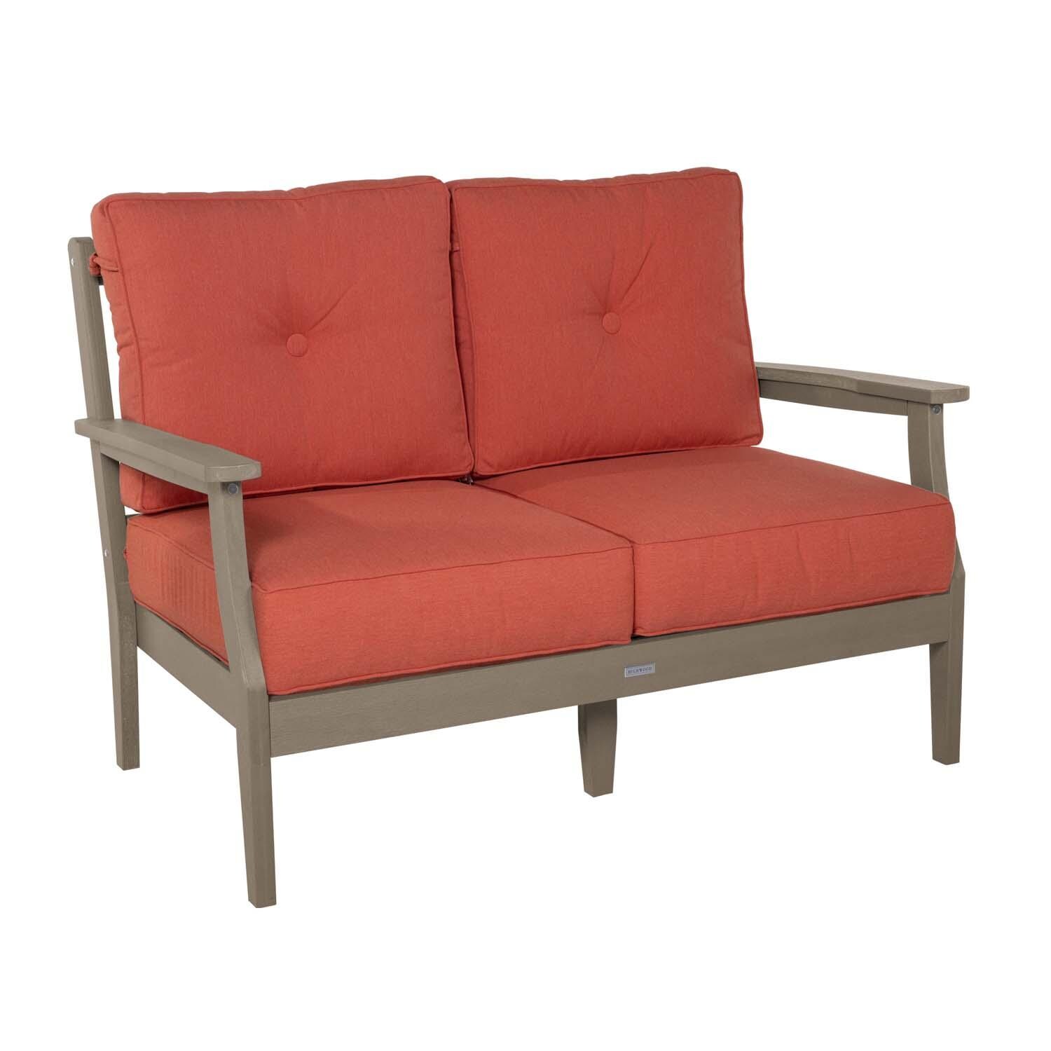 Blushing Bay 2 Person Recycled Plastic Loveseat in Canvas Persimmon/Woodland Brown by Lakeview Outdoor Designs - Left Angled - White Background thumbnail
