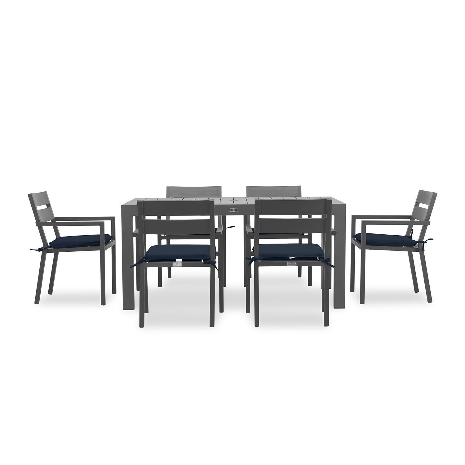 Calm Bay Classic 7 Pc Rectangular Aluminum Dining Set in Slate/Spectrum Indigo by Lakeview Outdoor Designs