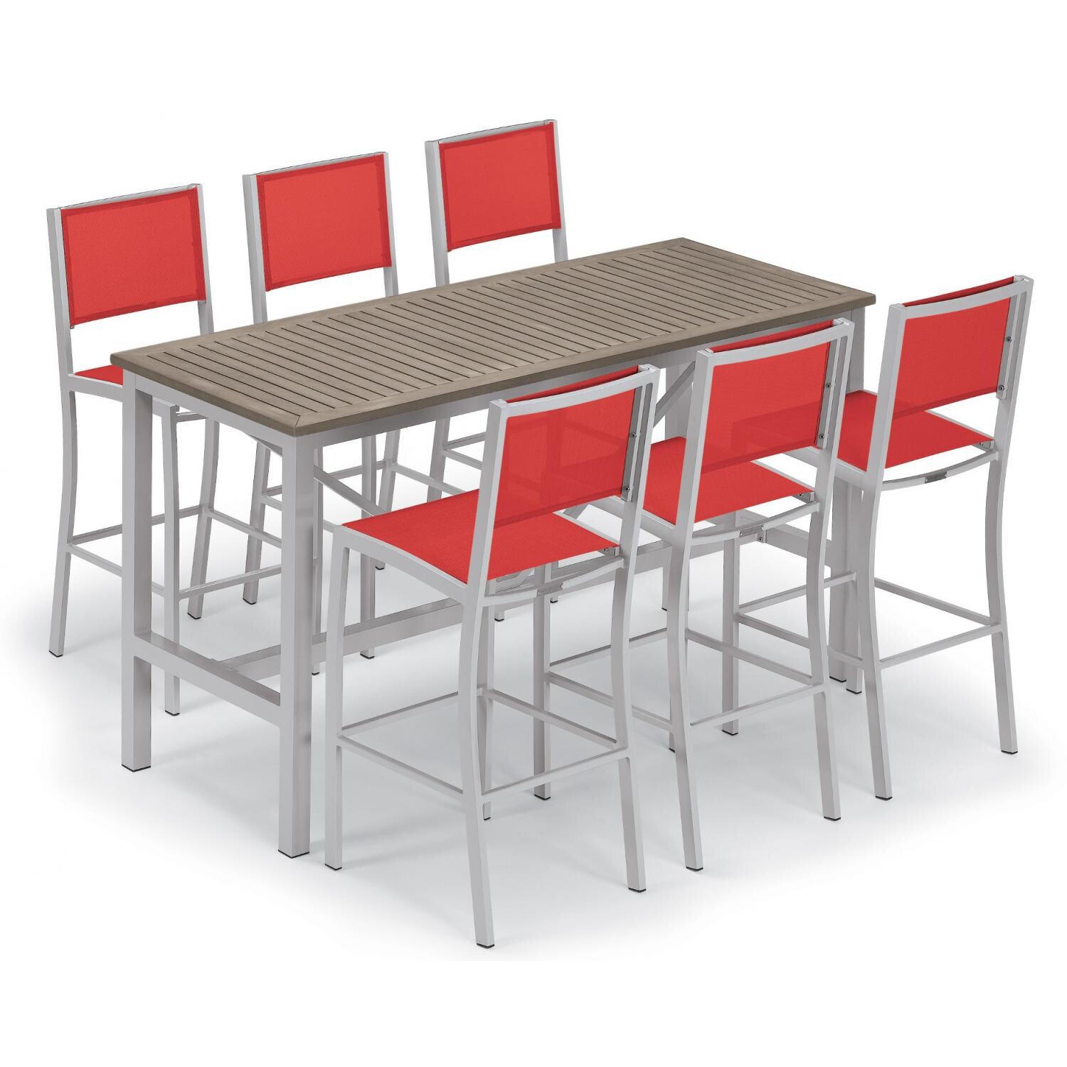 Travira 7 Piece Aluminum Patio Bar Set W/ 72 X 30 Inch Rectangular Table and Tekwood Vintage Tabletop By Oxford Garden - Red Sling thumbnail