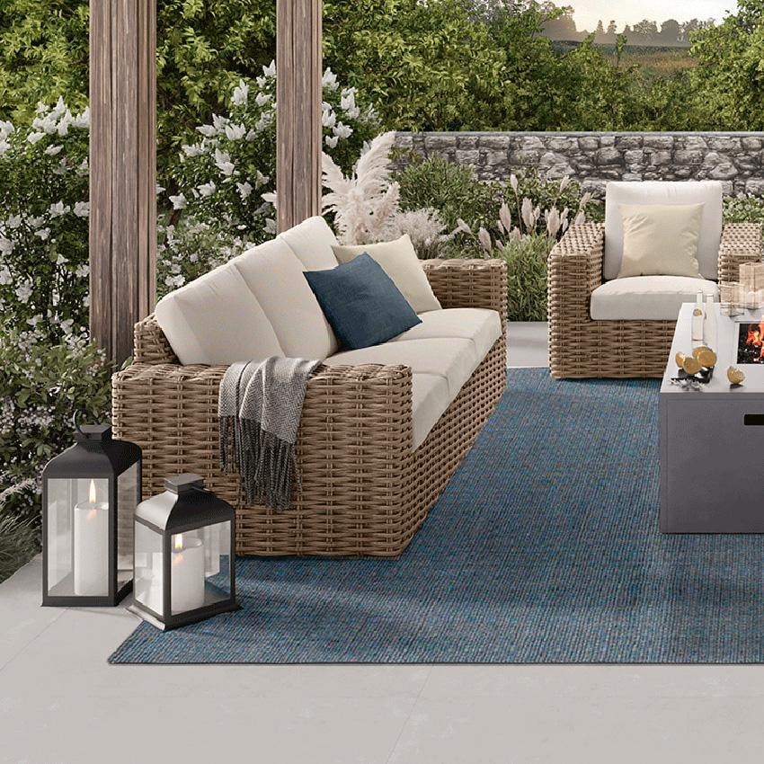 Mia 4 Person Wicker Sofa in Barley w/Natural White Cushions By Ebel - Lifestyle thumbnail