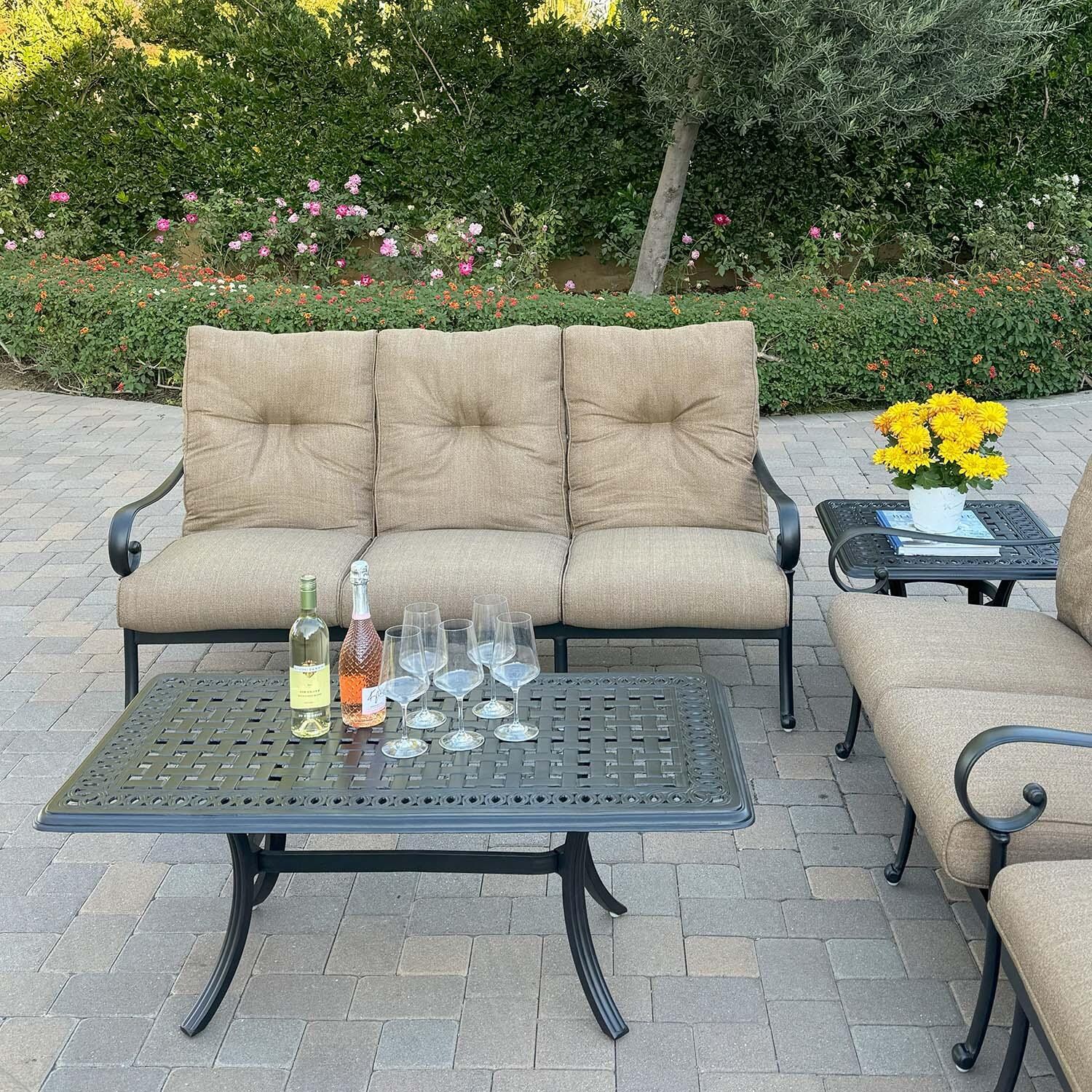 Santa Anita 6 Pc Cast Aluminum Seating Set w/ Ice Bucket End Table in Antique Bronze/Sesame by Darlee - Sofa & Coffee Table Close Up - Lifestyle thumbnail