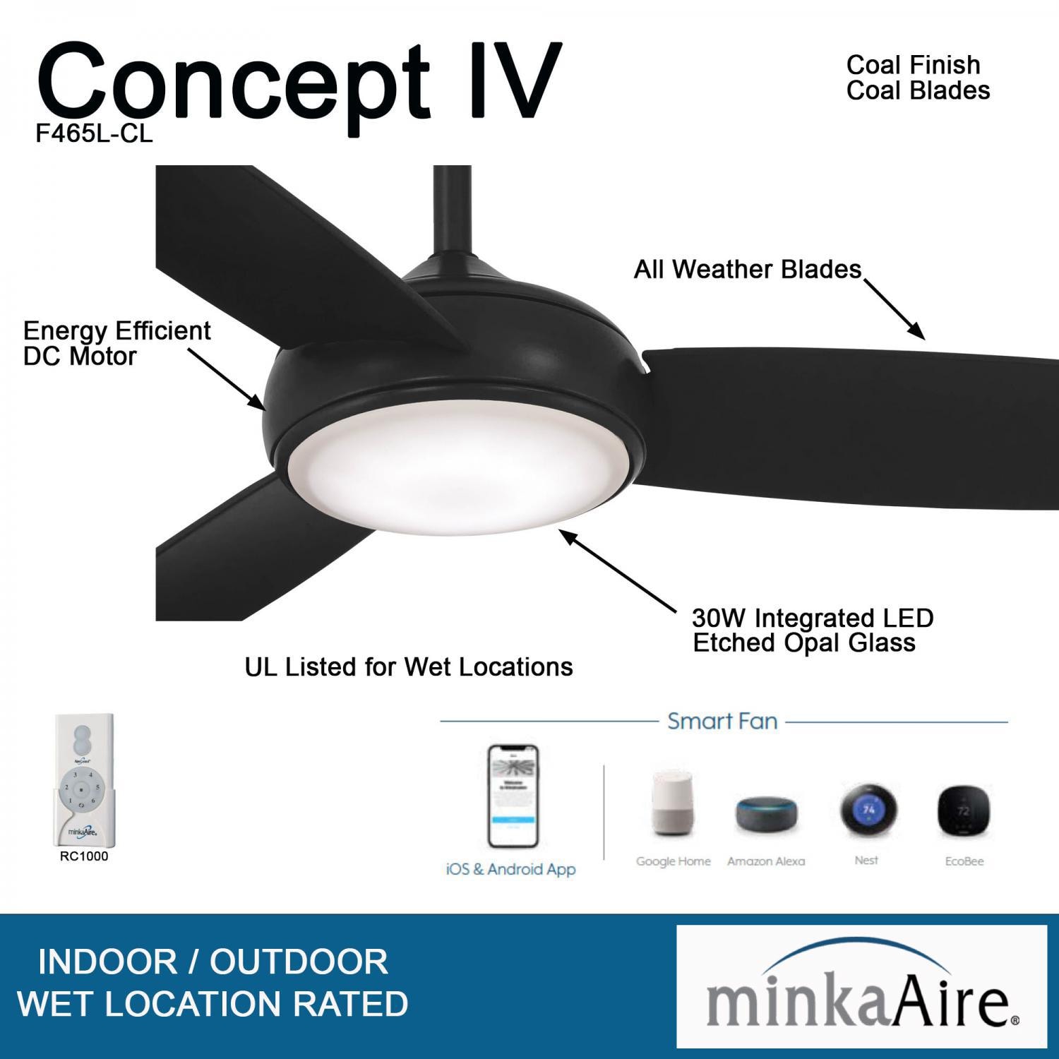Minka-Aire F465L-CL Concept IV 54-Inch 3-Blade LED Smart Ceiling Fan in Coal Finish w/ Coal Blades & Etched Opal Glass - Details thumbnail