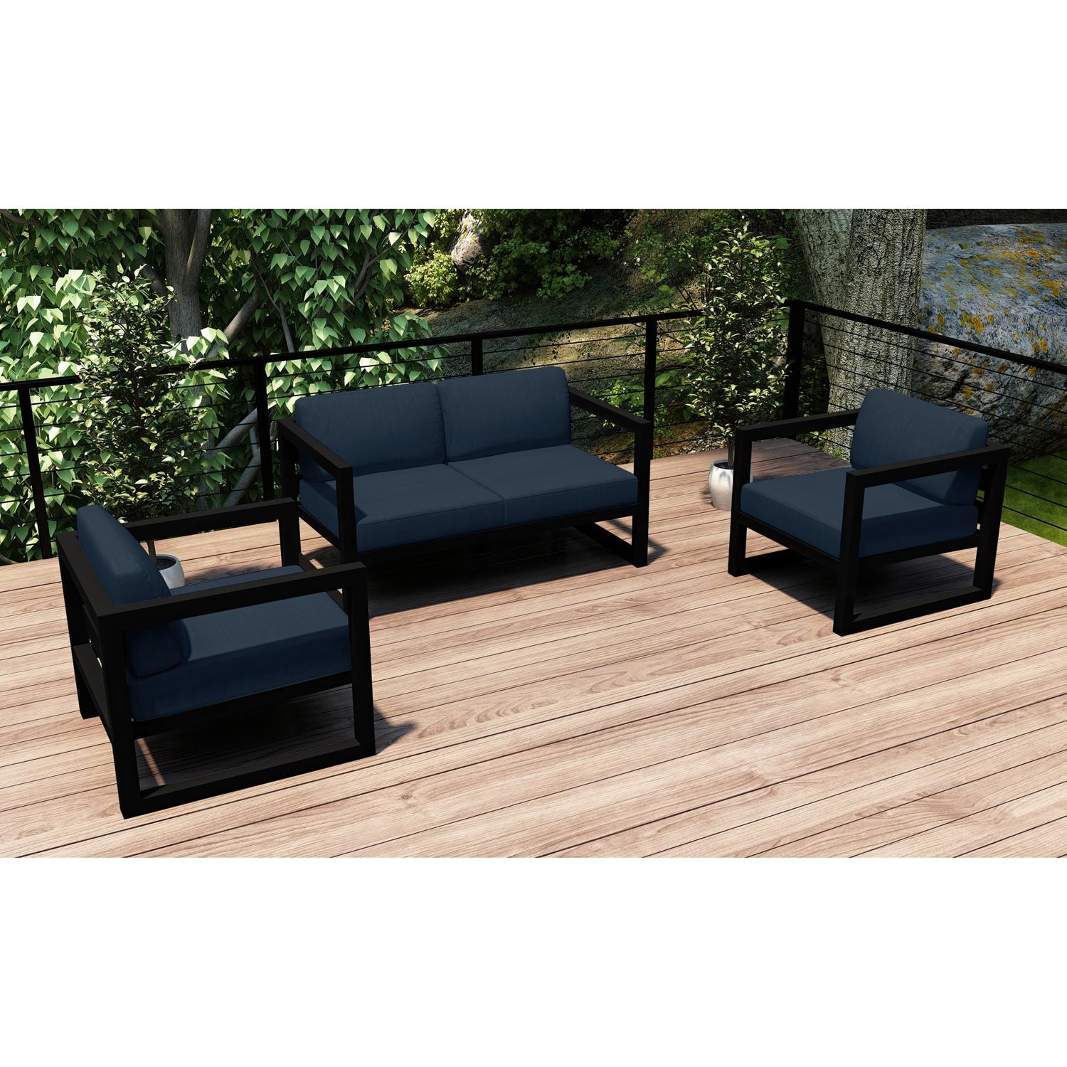 Lakeview MSTYCV-BK-3LSS-IN Misty Cove 3 Pc Aluminum Seating Set in Black w/Loveseat & Spectrum Indigo Cushions by Lakeview Outdoor Designs - Set Outside - Lifestyle thumbnail