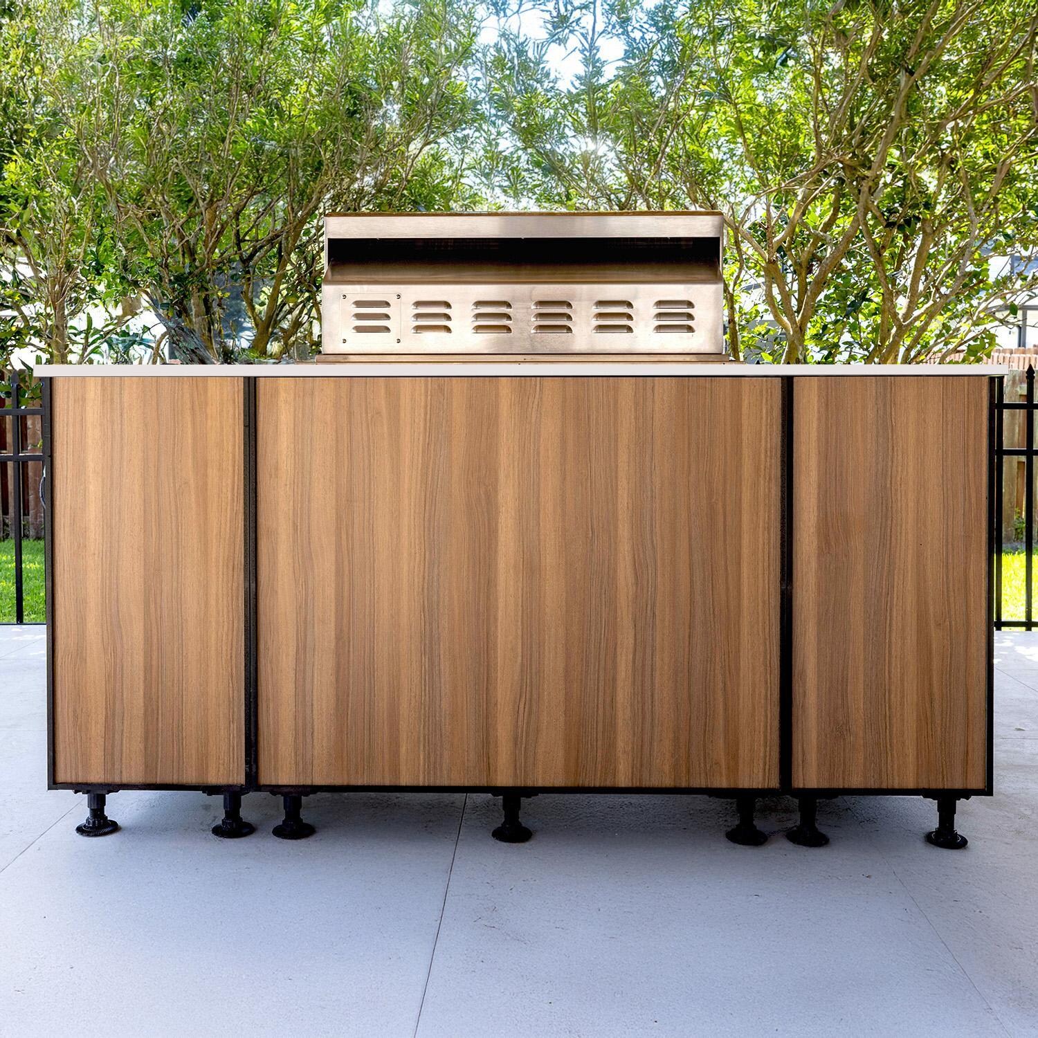 BBQGuys Signature Beech 6 Ft Outdoor Kitchen Island w/ Blaze Natural Gas Grill in Noce Havana/Icecap White - Back - Lifestyle thumbnail