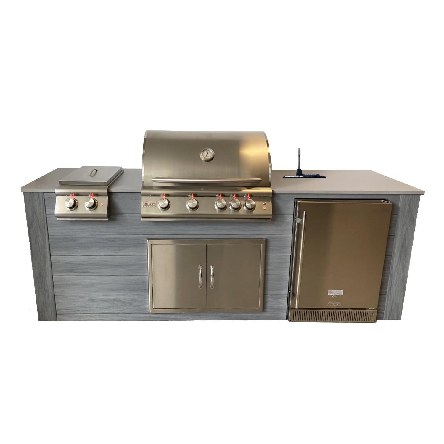 Pro-Fit 8-Foot Outdoor Kitchen Island W/ Blaze Premium LTE 32-Inch Propane Gas Grill, Double Side Burner, Refrigerator & Beverage Dispenser - Driftwood Grey / Grigio Cemento Satin image