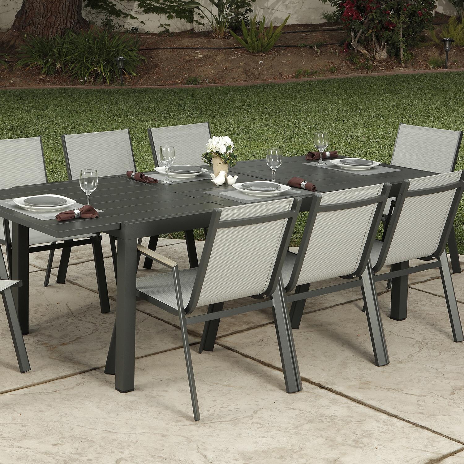 Lakeview Amite 9 Piece Aluminum Patio Dining Set W/ 71-94 X 37-Inch Rectangular Extension Table - Gray Sling