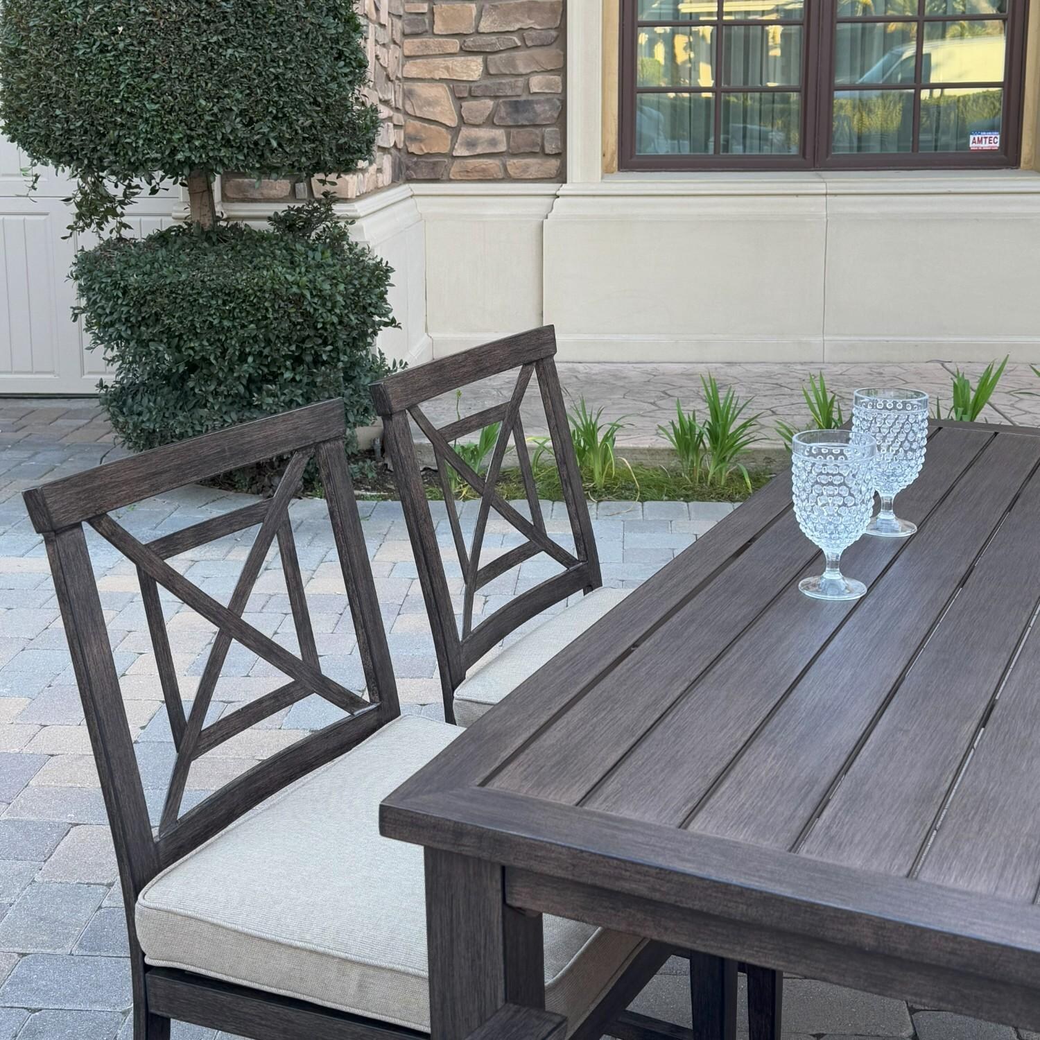 Atlantis 8 Pc Aluminum Dining Set w/ 2 Dining Side Chairs, 4 Swivel Rocker Dining Arm Chairs & Two Person Bench in Walnut/Beige by Darlee - Chairs At Table - Lifestyle thumbnail